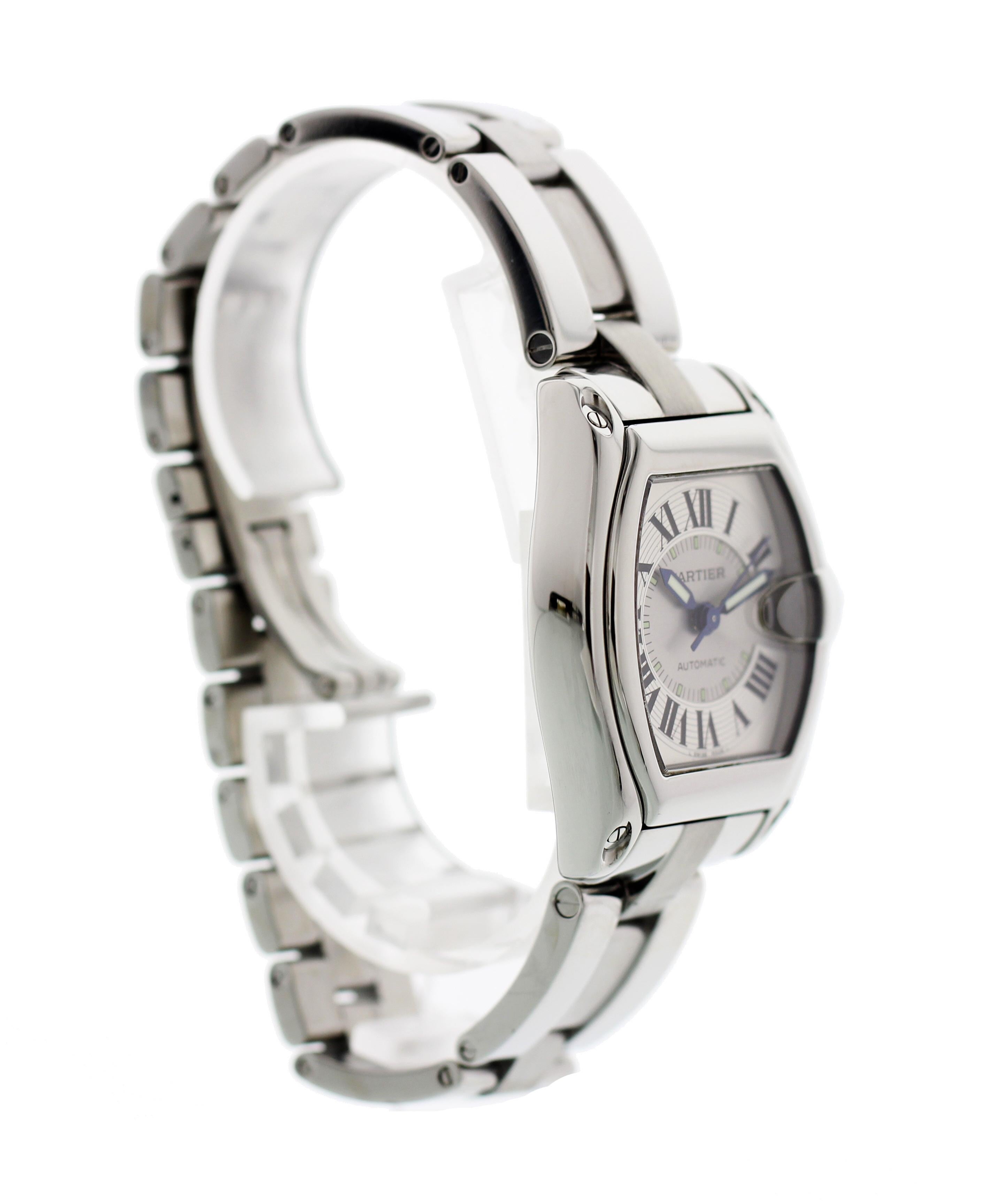 Men's Cartier Roadster 2510. 38 mm stainless steel case. Stainless steel bezel. Silver dial with luminous hands and markers. Black Roman numerals. Date display at 3 o'clock. Stainless steel band with hidden double folding clasp. Will comfortably fit