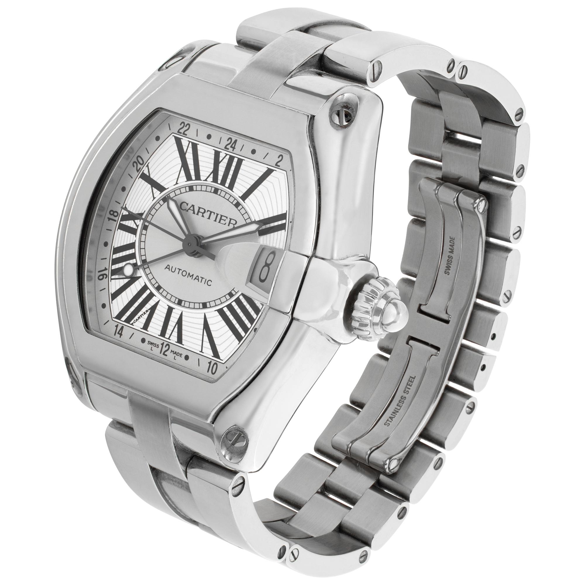 Cartier Roadster GMT in stainless steel. Auto w/ sweep seconds, date and dual time. 40 mm case size. Ref W62032X6. Circa 2000s. Fine Pre-owned Cartier Watch.

 Certified preowned Sport Cartier Roadster W62032X6 watch is made out of Stainless steel