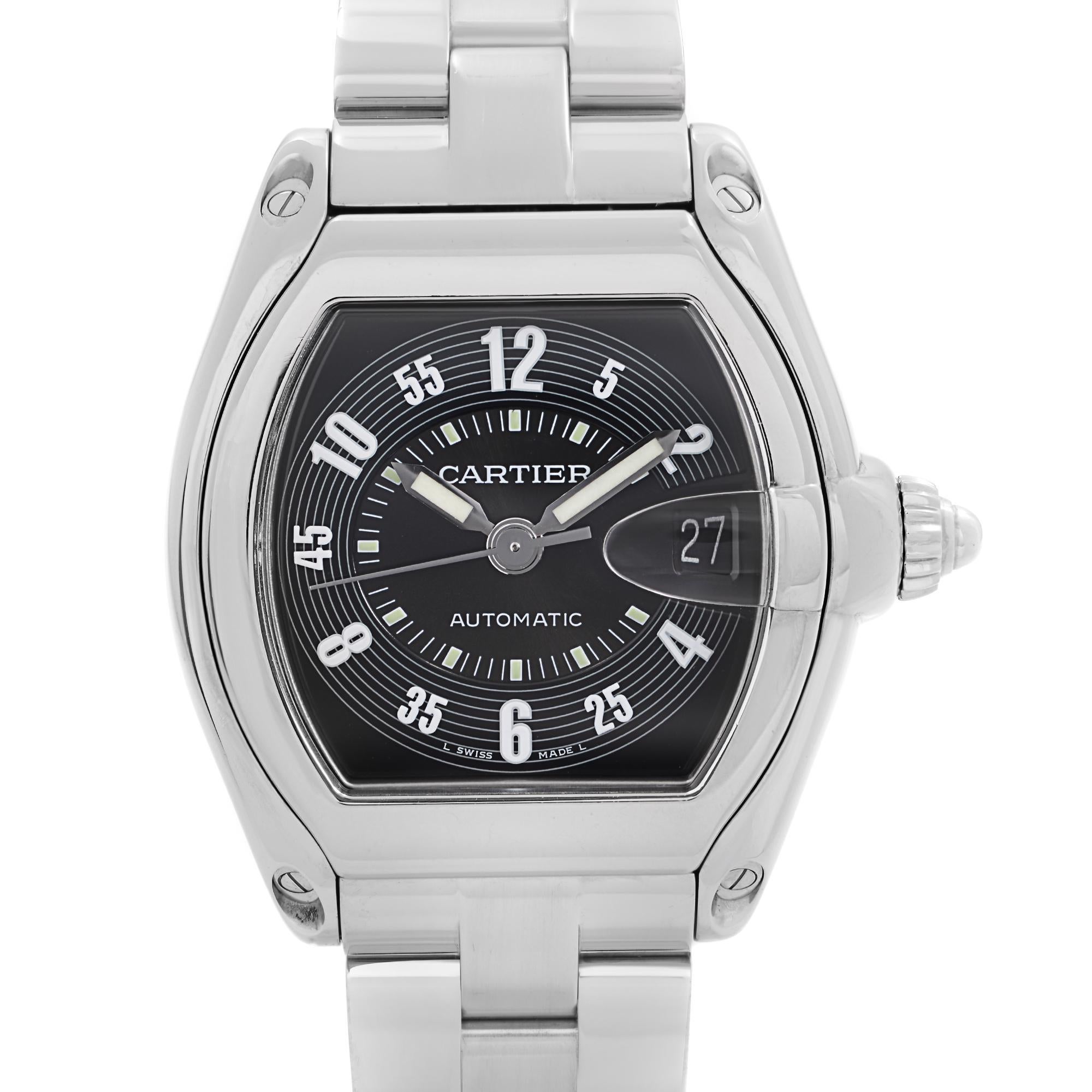 Pre-owned Cartier Roadster 38mm X 43mm Stainless Steel Black Dial Mens Automatic Watch W62004V3. This Timepiece is powered by Automatic movement with and features: Stainless Steel Case and bracelet with Deployment Clasp. Fixed Stainless Steel bezel.