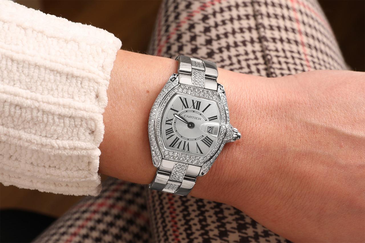 Round Cut Cartier Roadster Stainless Steel Diamond Case and Middle Bracelet W62016V3  For Sale