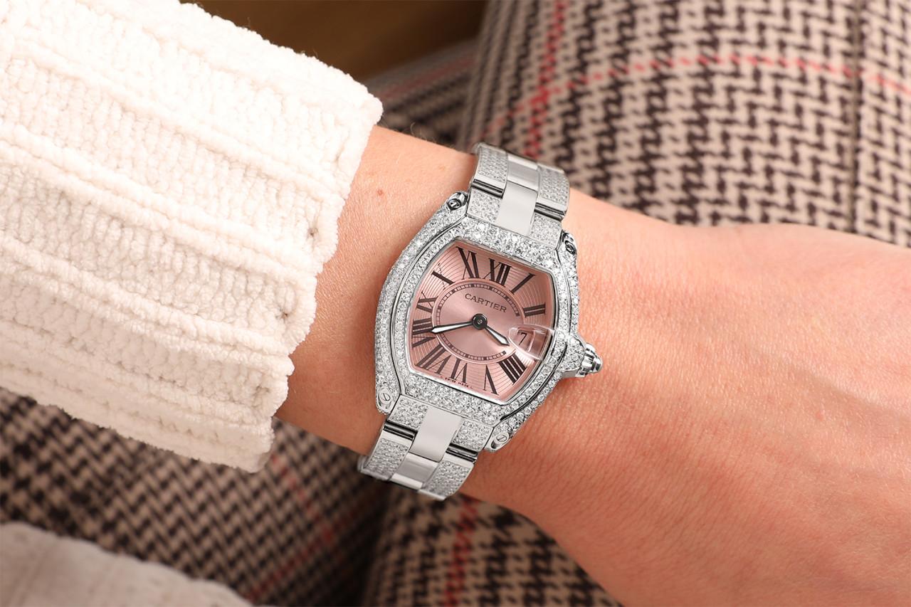 Round Cut Cartier Roadster Stainless Steel Diamond Case and Side Bracelet Watch W62016V3 For Sale