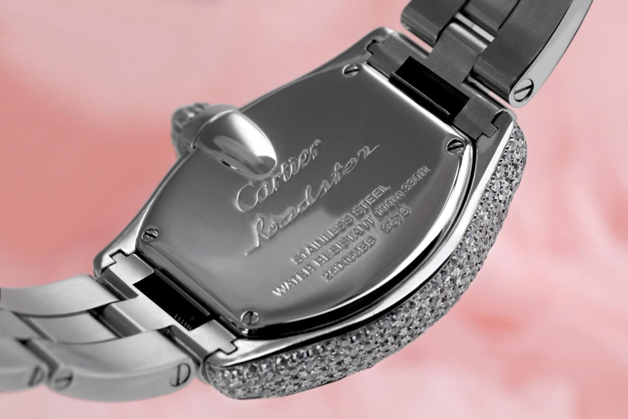 Cartier Roadster Stainless Steel Ladies Watch Custom Diamond Case W62016V3 In Excellent Condition For Sale In New York, NY