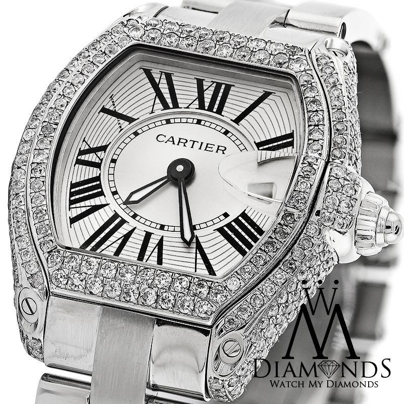 Taille ronde Cartier Montre Roadster en acier inoxydable pour femme avec boîtier personnalisé en diamants W62016V3 en vente