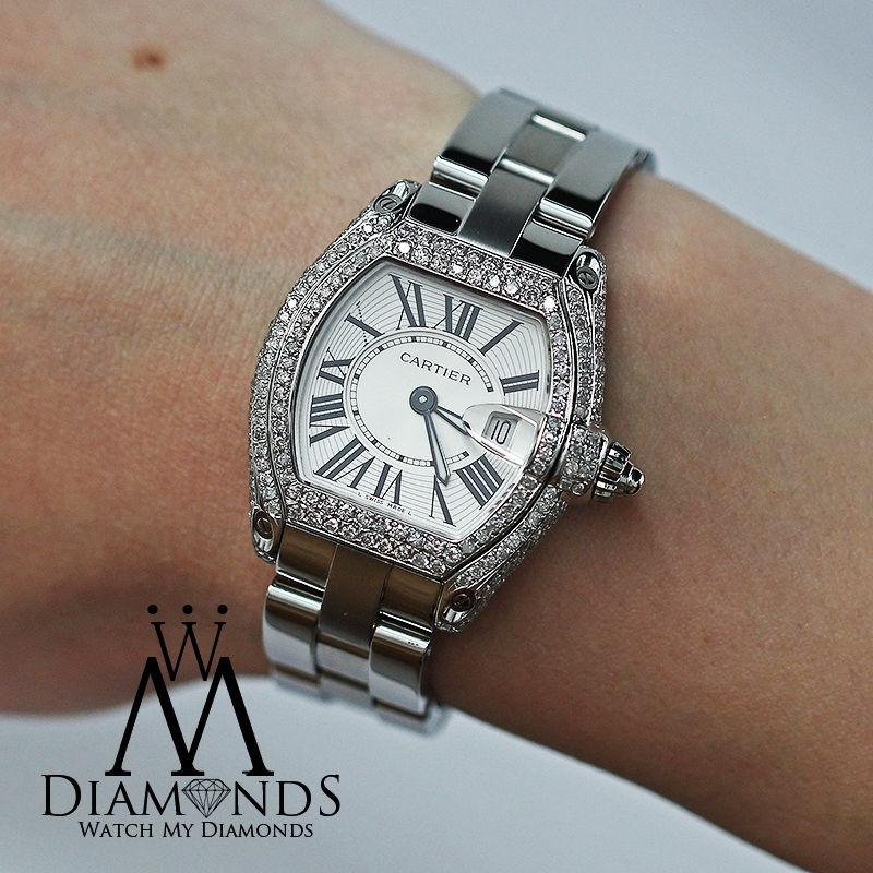 Women's Cartier Roadster Stainless Steel Ladies Watch Custom Diamond Case W62016V3 For Sale