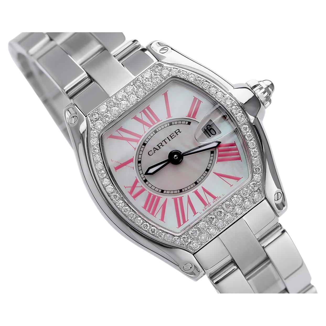 Cartier Roadster Stainless Steel Ladies Watch W62016V3 Mother of Pearl Dial Diam For Sale