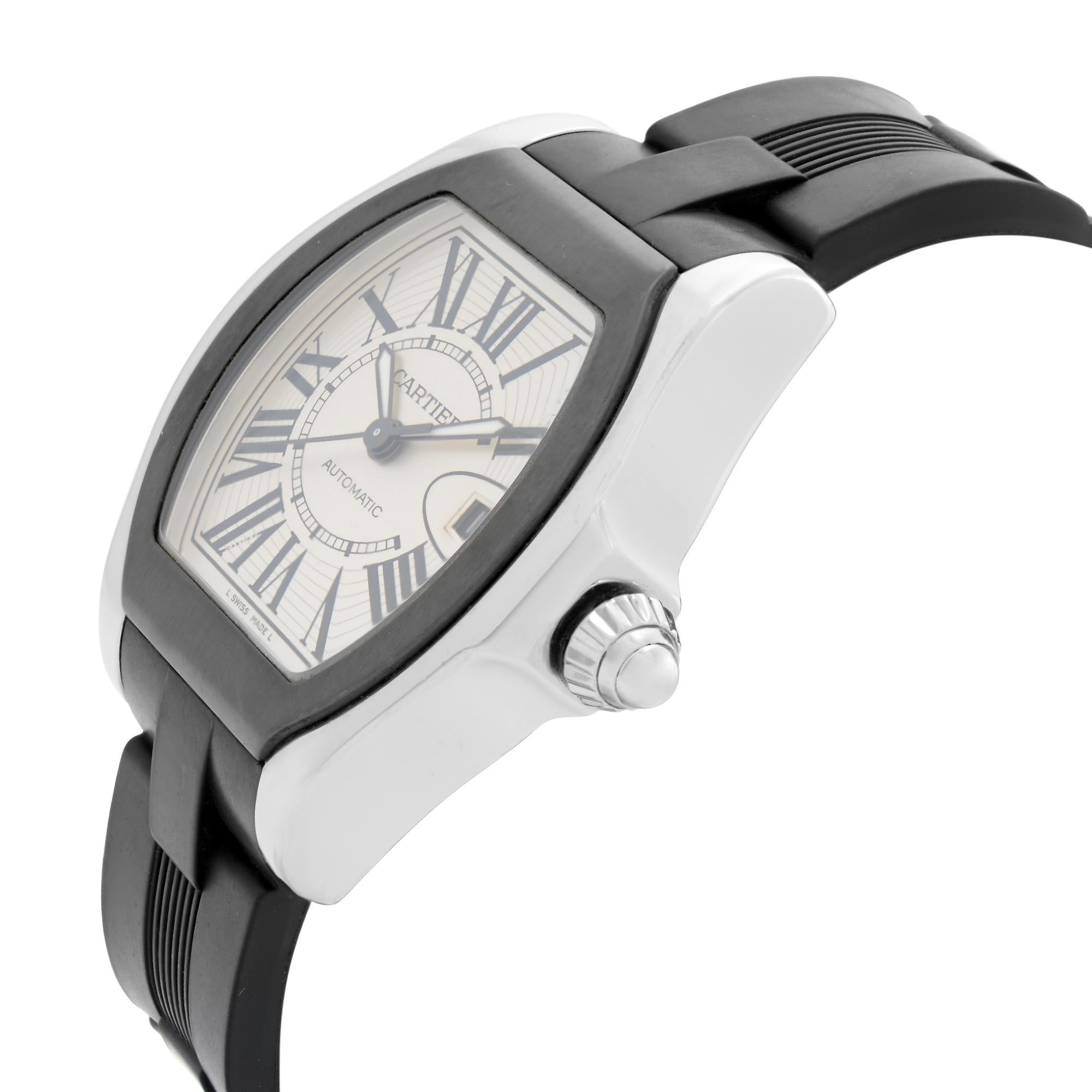 Cartier Roadster Stainless Steel Silver Roman Dial Automatic Mens Watch W6206018 In Good Condition In New York, NY