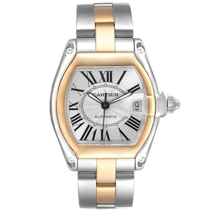 Cartier Roadster Steel Yellow Gold Silver Dial Mens Watch W62031Y4. Automatic self-winding movement. Stainless steel and 18K yellow gold tonneau shaped case 38 x 43mm. . Scratch resistant sapphire crystal with cyclops magnifier. Silver sunray effect
