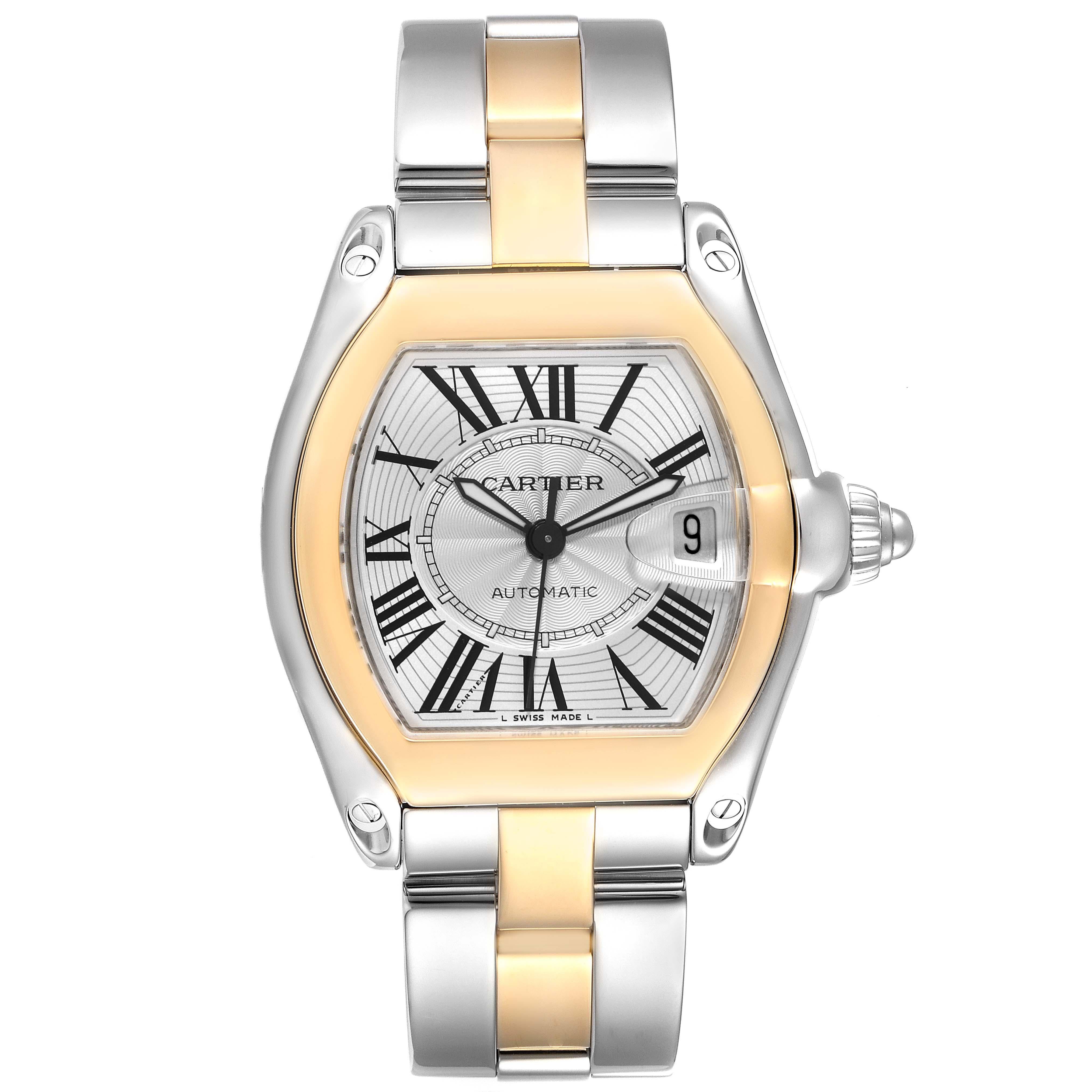 Cartier Roadster Steel Yellow Gold Silver Dial Mens Watch W62031Y4 In Excellent Condition For Sale In Atlanta, GA