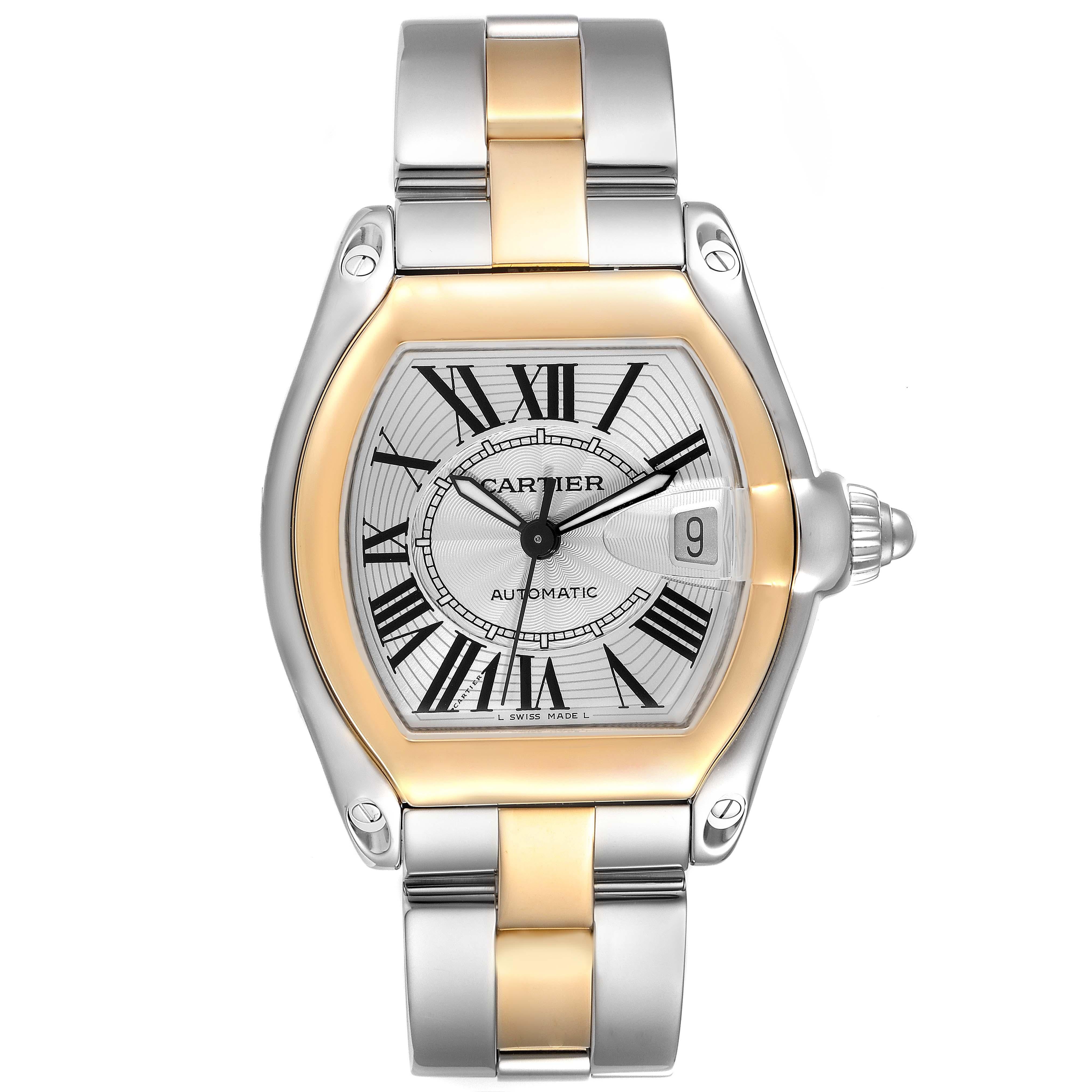 Men's Cartier Roadster Steel Yellow Gold Silver Dial Mens Watch W62031Y4 For Sale