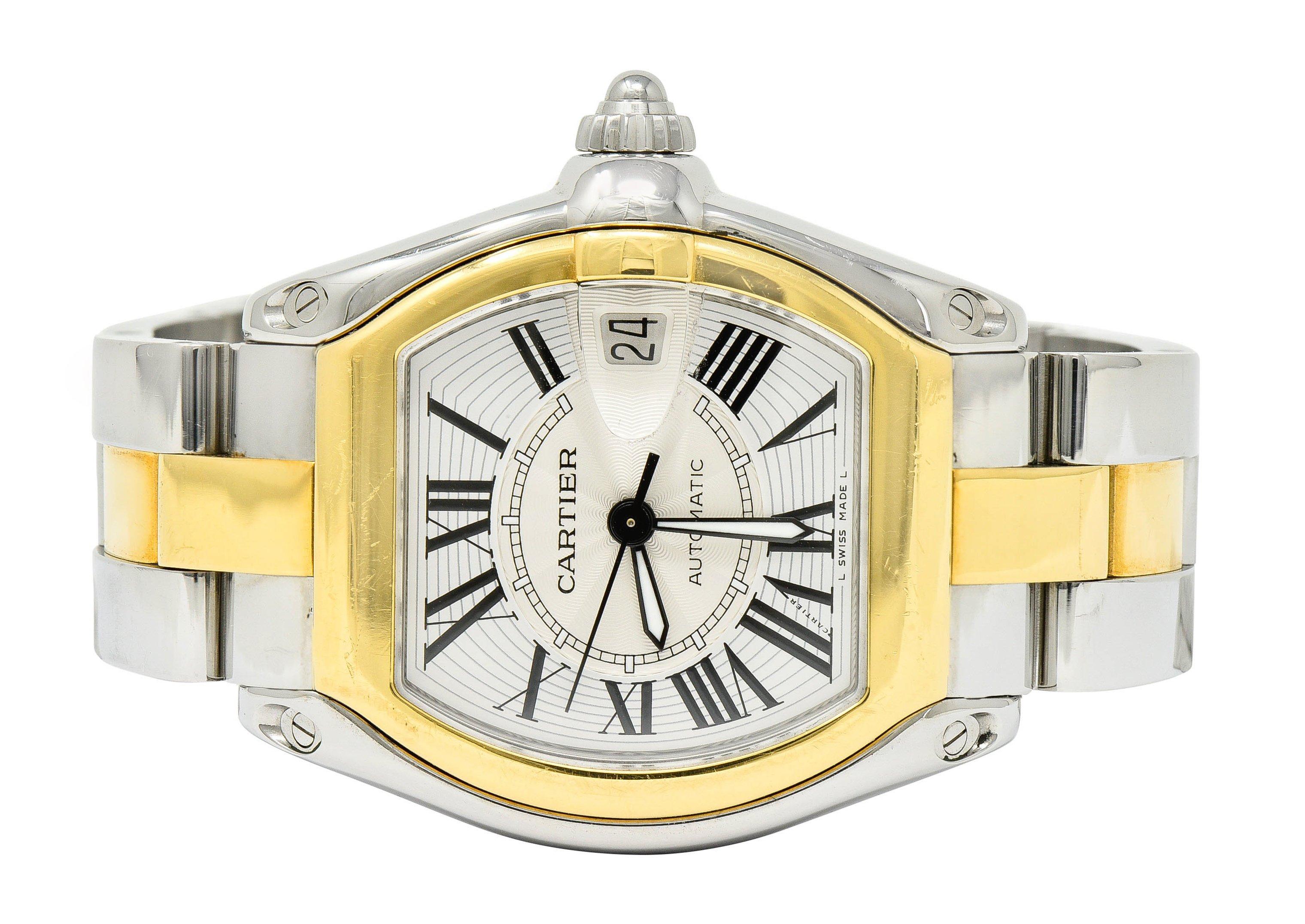 Watch designed as a silver two-tone yellow gold case with 18 Karat yellow gold accented bracelet

Silver dial with Roman numeral hour markers and black hands

Automatic movement 

37 mm case, 10 mm case thickness, 19 mm band width

Length: 7 Inches