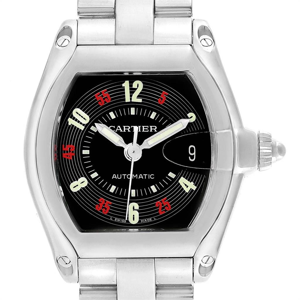 Cartier Roadster Vegas Roulette Red Green Mens Watch W62002V3 Box Papers. Automatic self-winding movement. Stainless steel tonneau shaped case 38 x 43 mm. Scratch resistant sapphire crystal with cyclops magnifying glass. Black Las Vegas Roulette