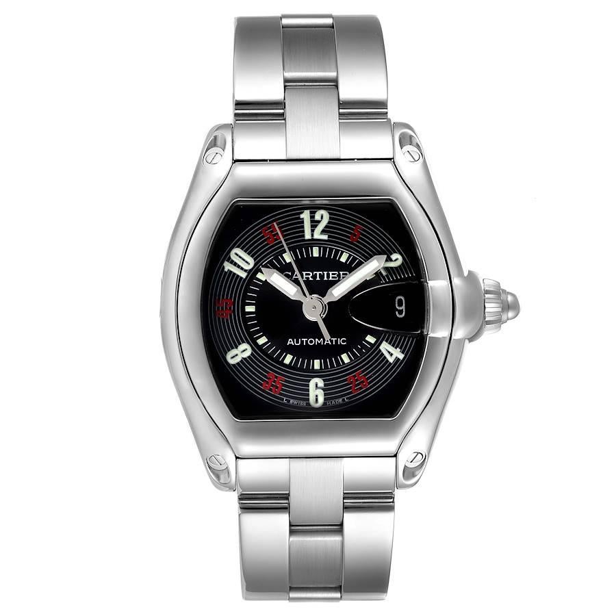 Cartier Roadster Vegas Roulette Red Green Steel Mens Watch W62002V3. Automatic self-winding movement. Stainless steel tonneau shaped case 38 x 43 mm. . Scratch resistant sapphire crystal with cyclops magnifying glass. Black Las Vegas Roulette dial