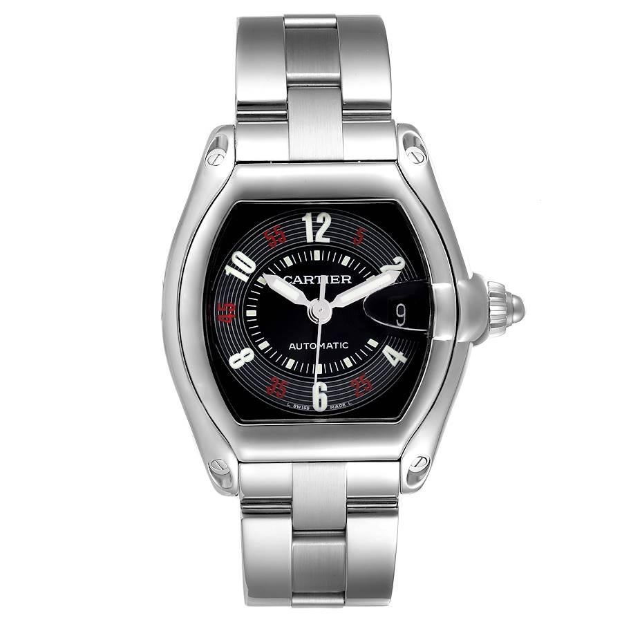 Cartier Roadster Vegas Roulette Rot Grün Stahl Herrenuhr W62002V3. Automatisches Uhrwerk mit Selbstaufzug. Tonneauförmiges Gehäuse aus Edelstahl 38 x 43 mm. . Kratzfestes Saphirglas mit Zyklop-Lupe. Schwarzes Las Vegas Roulette-Zifferblatt mit roten