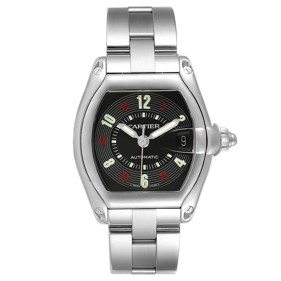 Cartier Roadster Vegas Roulette Red Green Steel Mens Watch W62002V3. Automatic self-winding movement. Stainless steel tonneau shaped case 38 x 43 mm. . Scratch resistant sapphire crystal with cyclops magnifying glass. Black Las Vegas Roulette dial