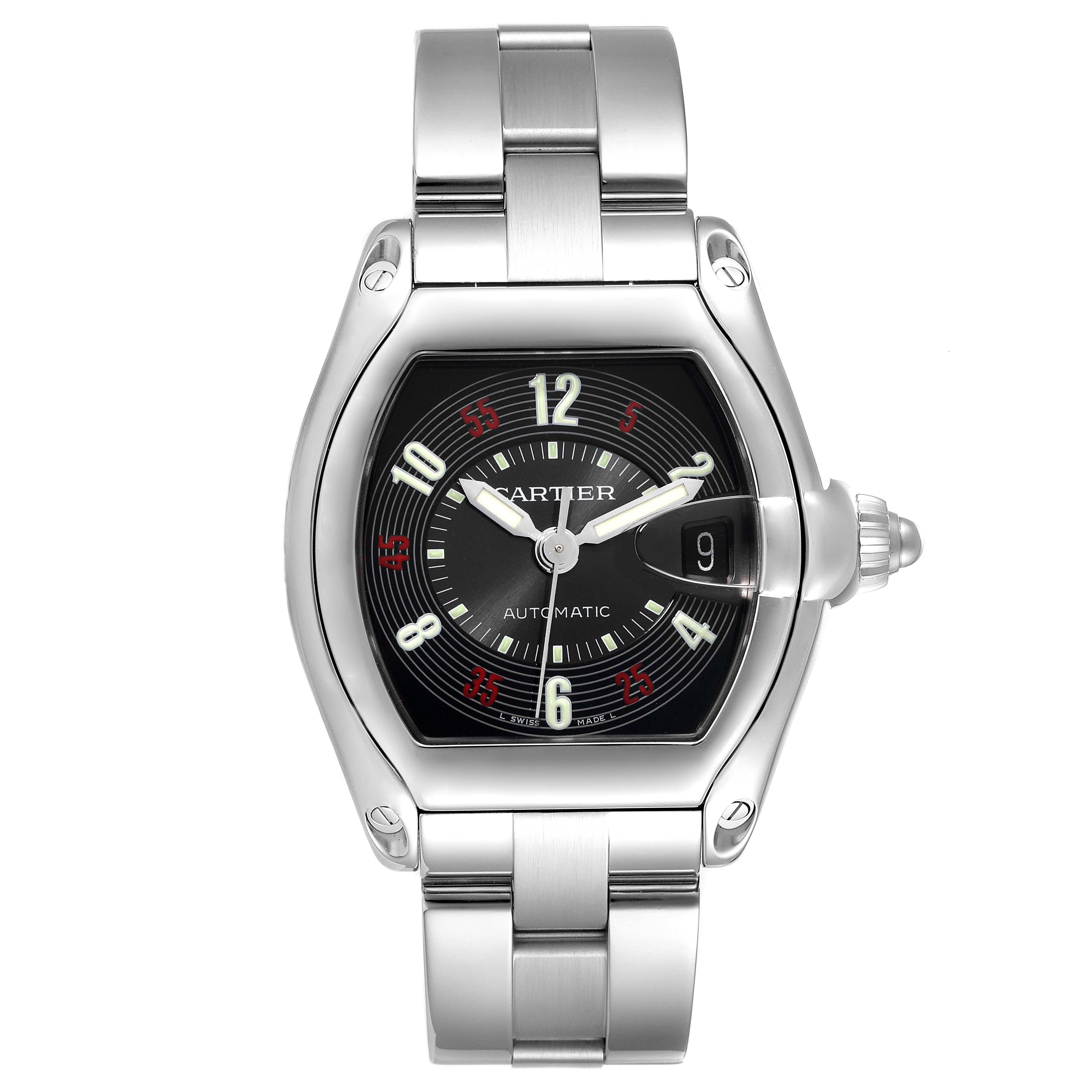 Cartier Roadster Vegas Roulette Red Green Steel Mens Watch W62002V3. Automatic self-winding movement. Stainless steel tonneau shaped case 38 x 43 mm. . Scratch resistant sapphire crystal with cyclops magnifier. Black Las Vegas Roulette dial with red