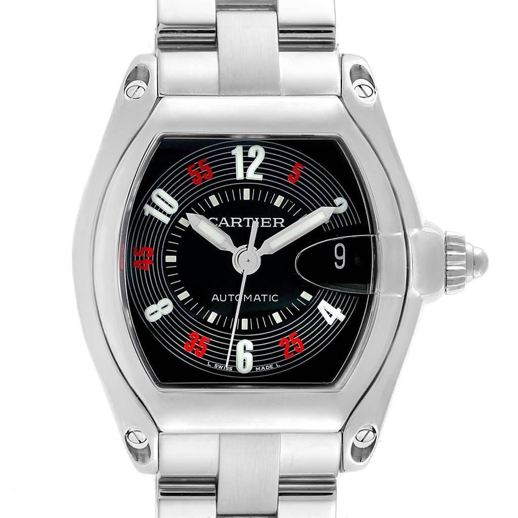 Cartier Roadster Vegas Roulette Vegas Dial Mens Watch W62002V3. Automatic self-winding movement. Stainless steel tonneau shaped case 38 x 43 mm. Scratch resistant sapphire crystal with cyclops magnifying glass. Black Las Vegas Roulette dial with red