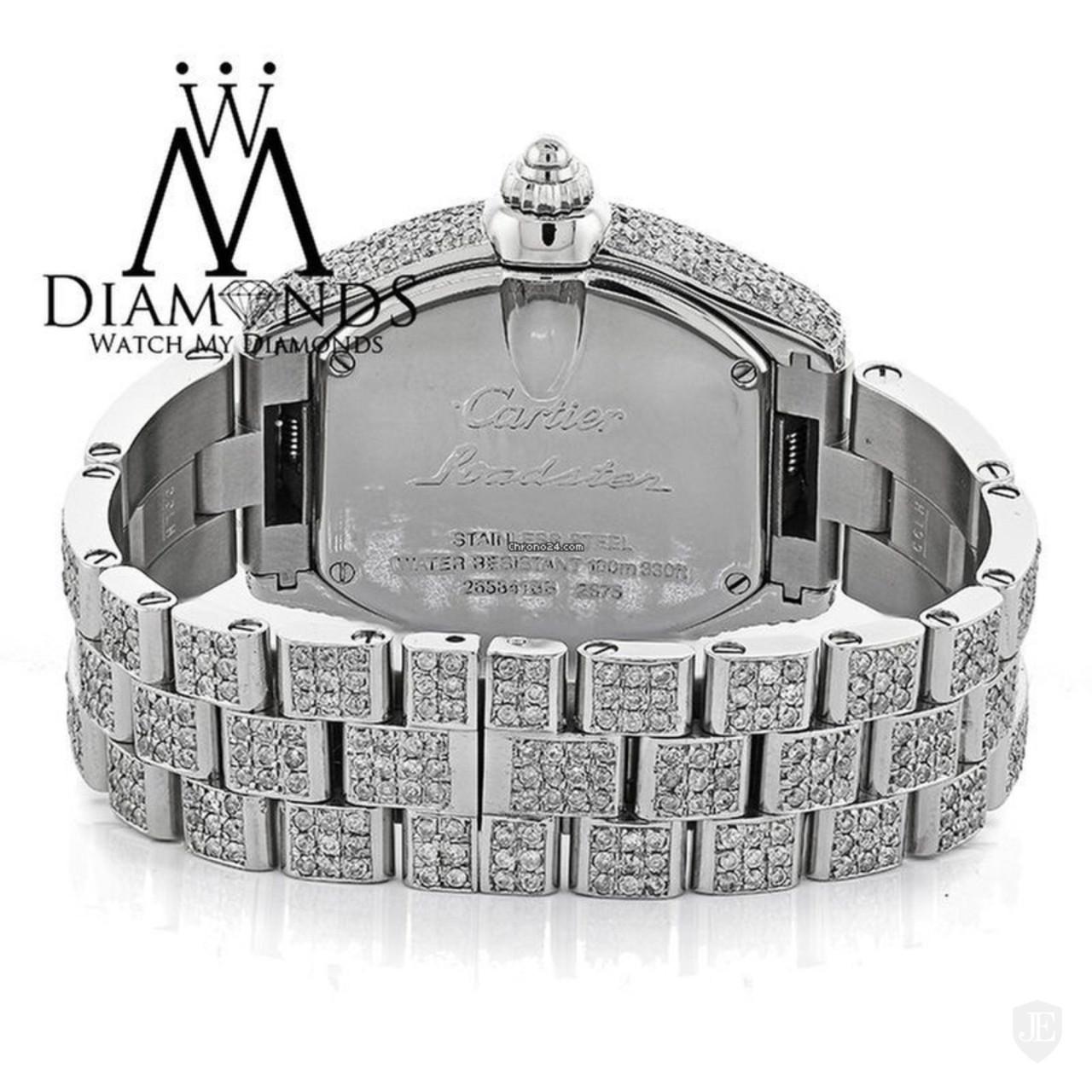 Cartier Roadster W62016V3 Ladies Custom Diamond Stainless Steel Watch In Excellent Condition For Sale In New York, NY