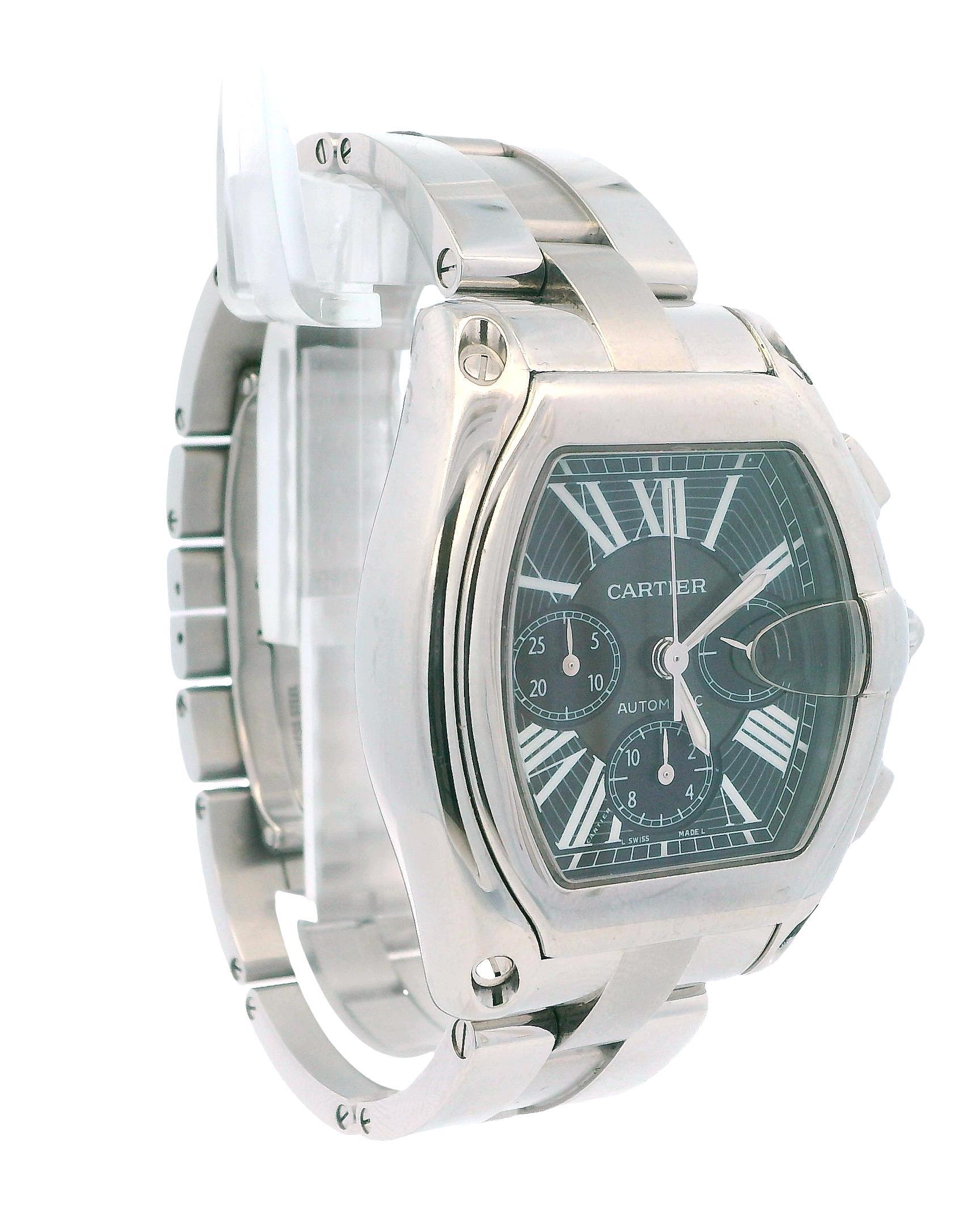 Cartier Roadster W62020X6 / 2618 Men's Watch. This watch features a 42mm stainless steel case with a smooth stainless steel bezel. The black dial is equipped with luminous steel hands and white Roman numeral hour markers. It includes chronograph