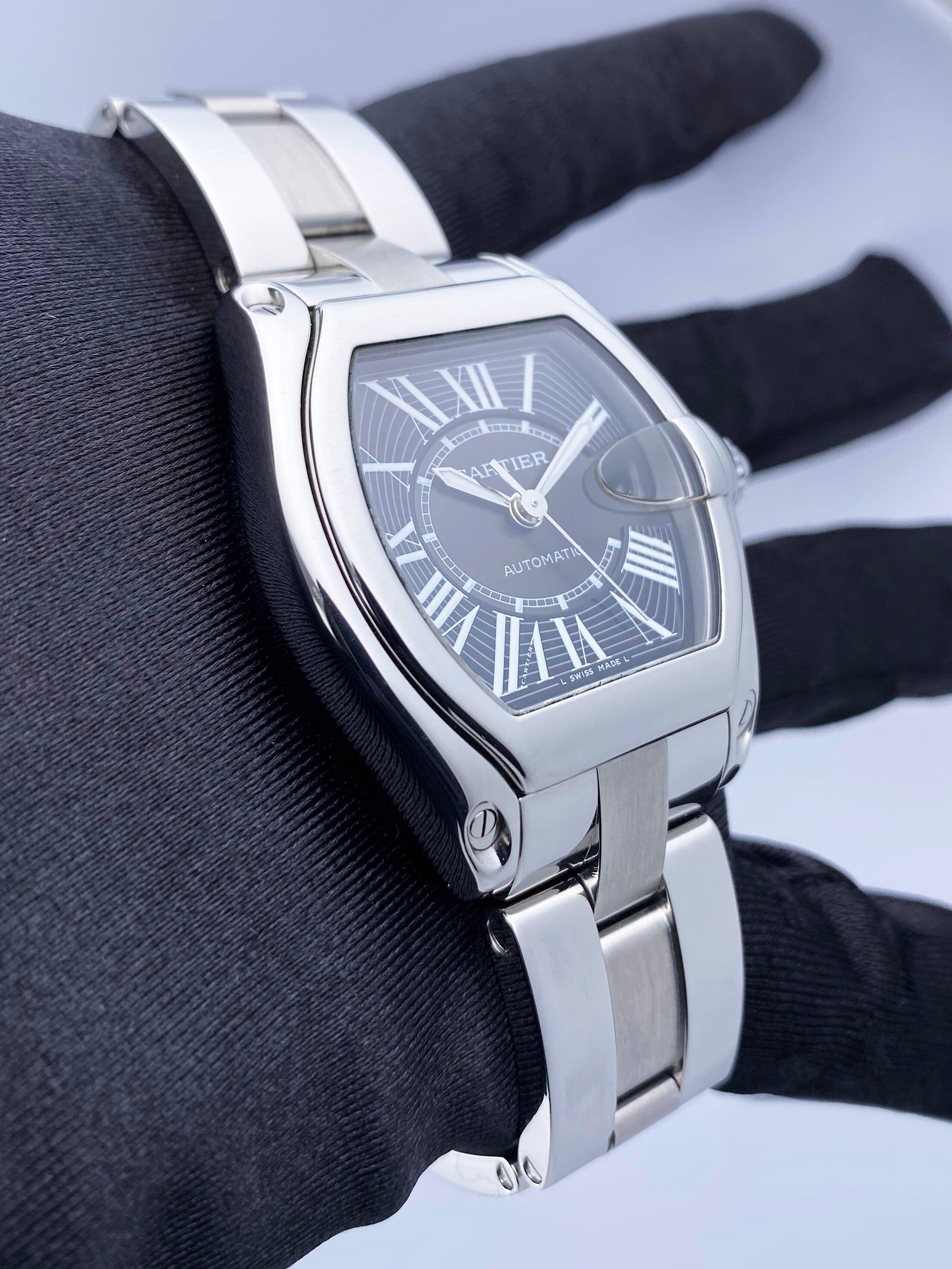 Cartier Roadster W62041V3 Quadrante Nero Acciaio Uomo Orologio Scatola Documenti In condizioni ottime in vendita a Great Neck, NY