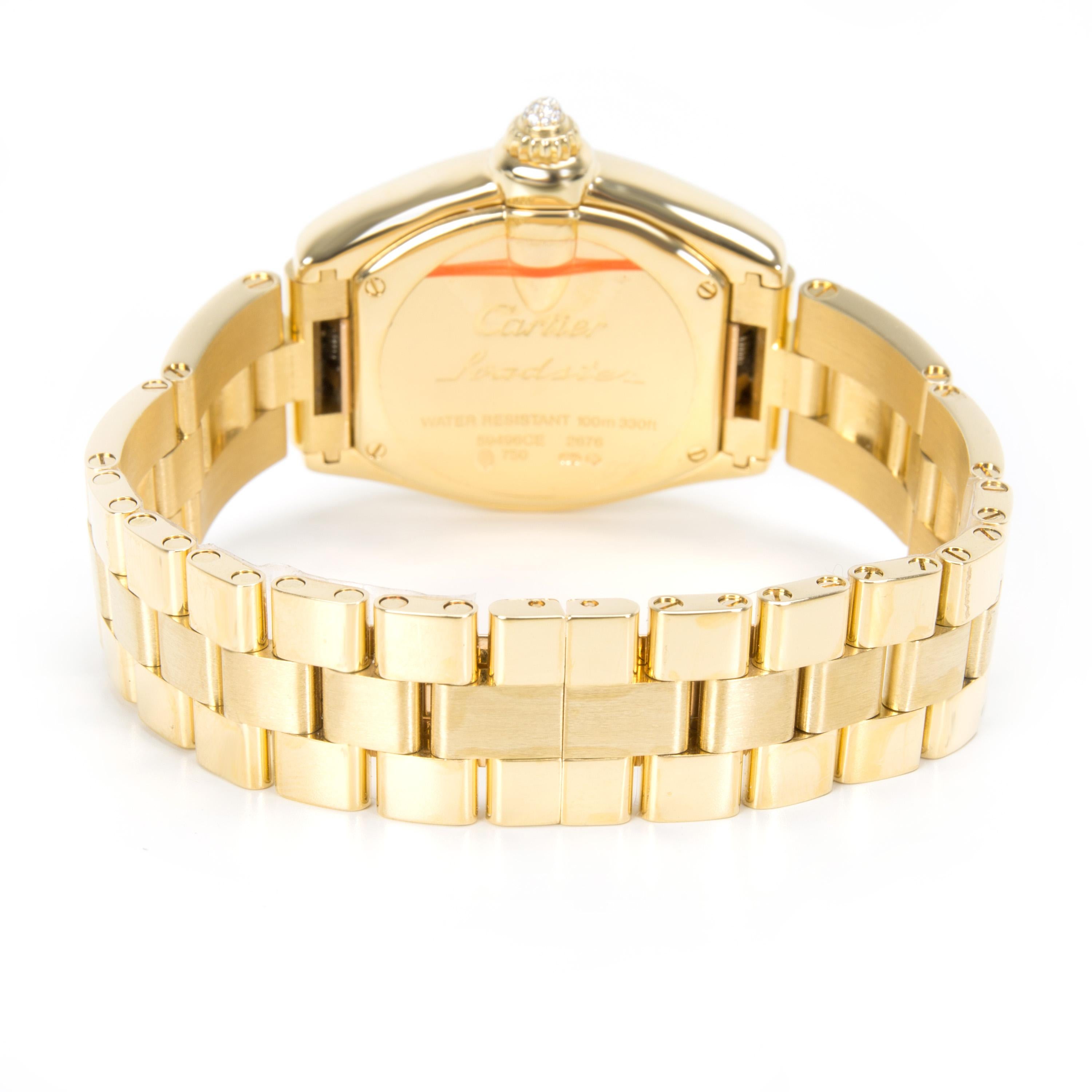 Retail price 30,325 USD. Unworn and in excellent condition. Photos of actual watch. Comes with an extra strap and deployment buckle. Comes with the original box, papers, and instructions.

Cartier Roadster WE5001X1 Women's Watch in 18kt Yellow