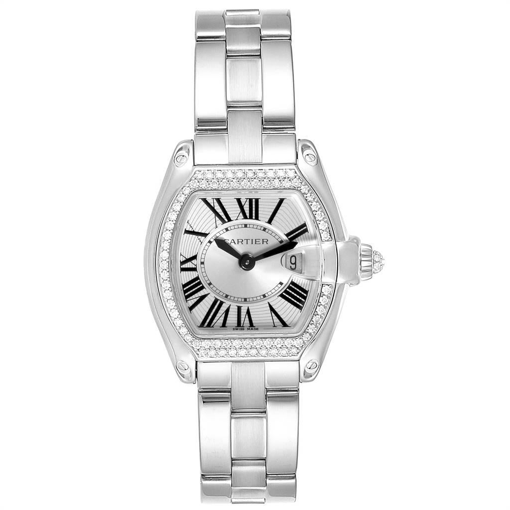 Cartier Roadster White Gold Diamond Ladies Watch WE5002X2 Box Papers. Swiss quartz movement calibre 688. 18K white gold tonneau shaped case 36 x 30 mm. 18K white gold bezel with Original Cartier factory 71 round-cut diamonds. Scratch resistant