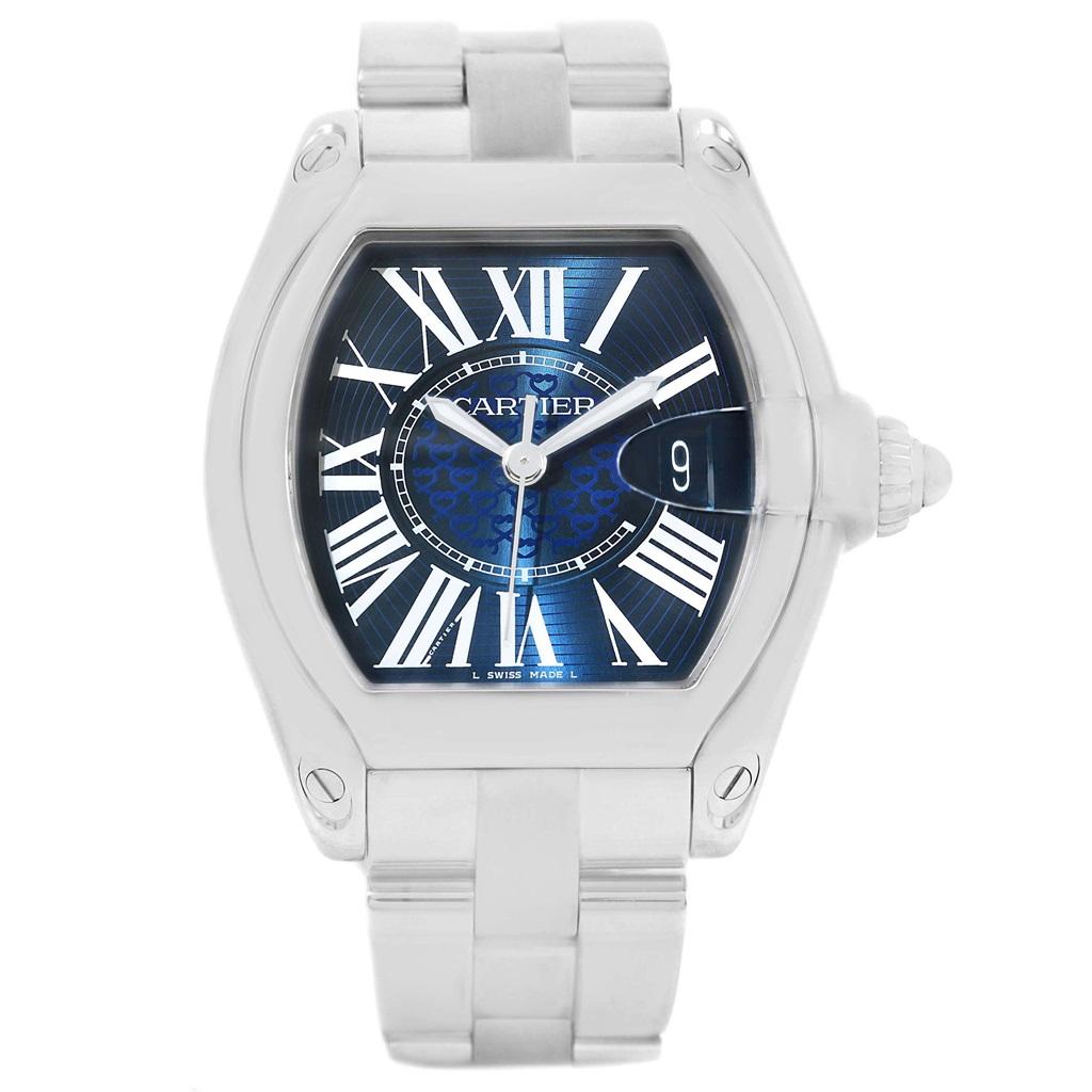Cartier Roadster XL 100th Anniversary Blue Dial Mens Watch W6206012. Automatic self-winding movement. Stainless steel tonneau shaped case 48 x 43 mm. Caseback engraved with 100 year anniversary logo. Scratch resistant sapphire crystal with cyclops