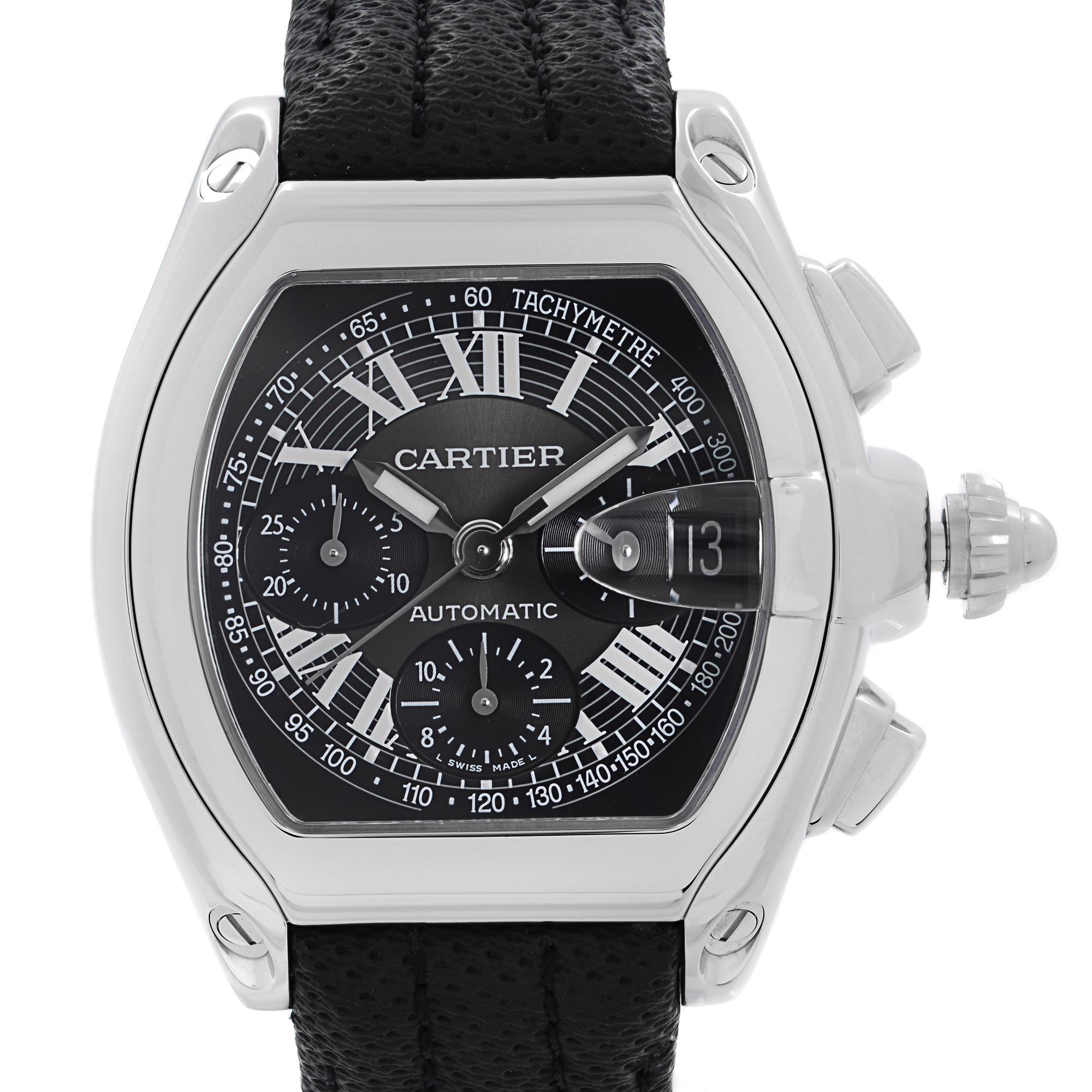 Pre-owned Cartier Roadster XL 43mm Steel Chronograph Black Dial Automatic Watch W62007X6. This Beautiful Timepiece is Powered by an Mechanical (Automatic) Movement Features: Stainless Steel Case With a Black Leather Strap. Fixed Stainless Steel