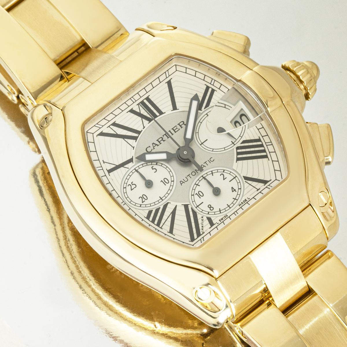Cartier Roadster XL Chrono 18k Y/G Silver Dial W62021Y2 in vendita 7