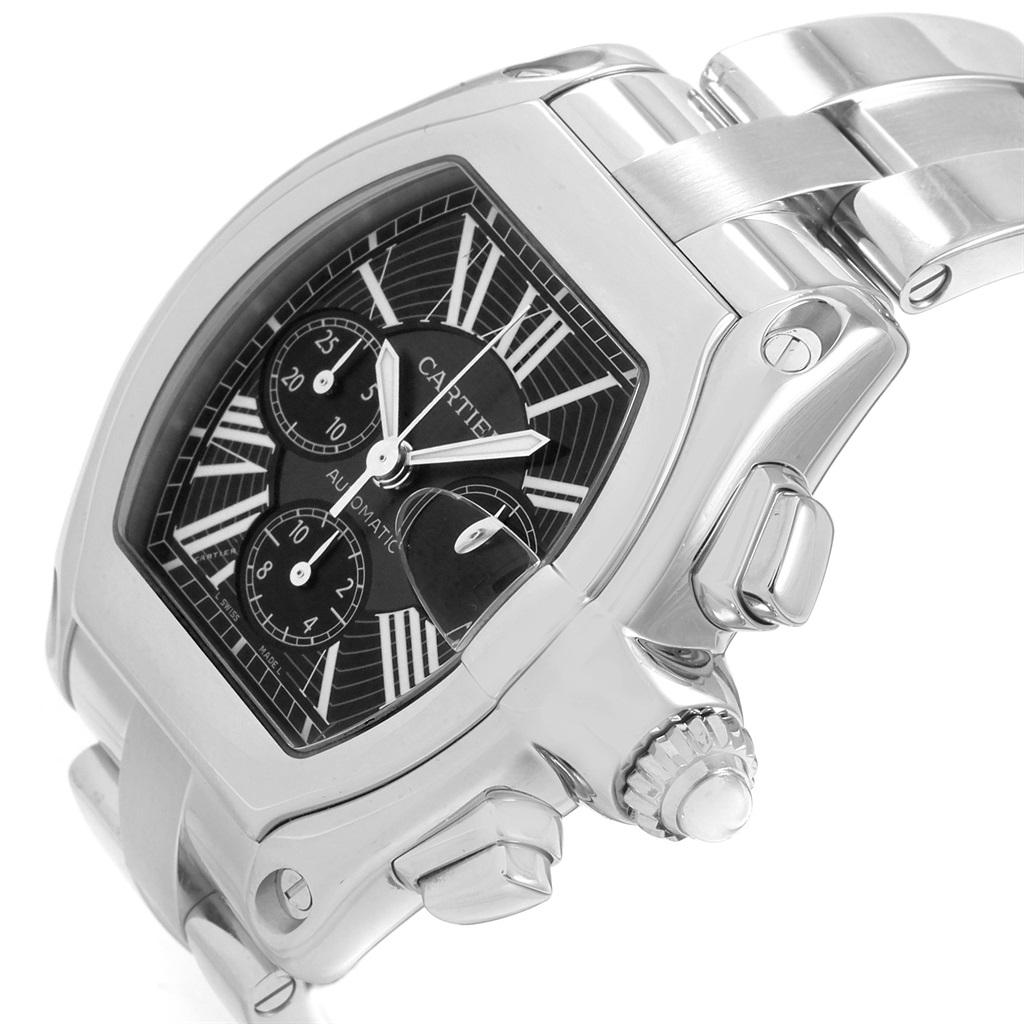Cartier Roadster XL Chrono Black Dial Automatic Mens Watch W62020X6. Automatic self-winding movement with chronograph function. Highly polished stainless steel tonneau shaped case 49 x 43 mm. Scratch resistant sapphire crystal with cyclops