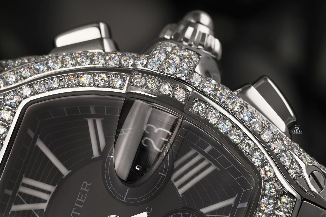 Cartier Roadster XL Chronograph Edelstahl Diamant Uhr schwarzes Zifferblatt W62020X6