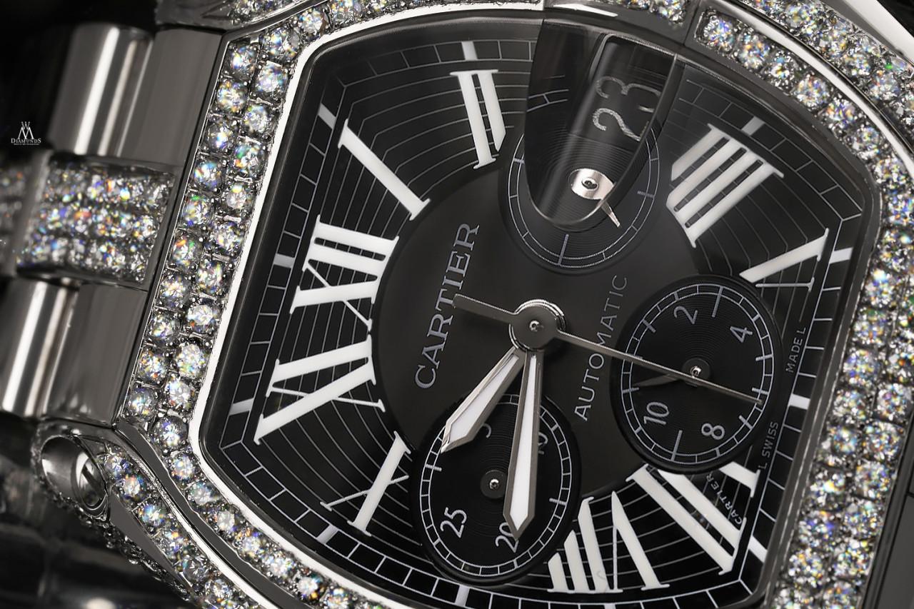 Cartier Roadster XL Chrono Edelstahl Diamant-Uhr mit schwarzem Zifferblatt W62020X6 Herren im Angebot