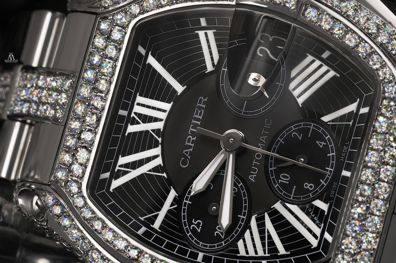 De los hombres Reloj Cartier Roadster XL Chrono Acero inoxidable Diamante Esfera Negra W62020X6 en venta