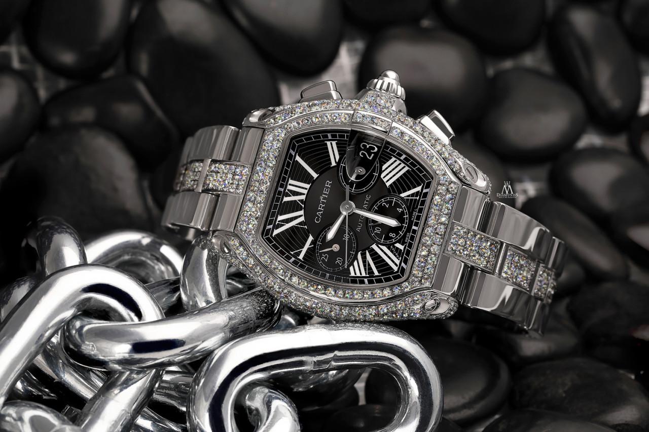 Cartier Roadster XL Chrono Edelstahl Diamant-Uhr mit schwarzem Zifferblatt W62020X6 im Angebot 1