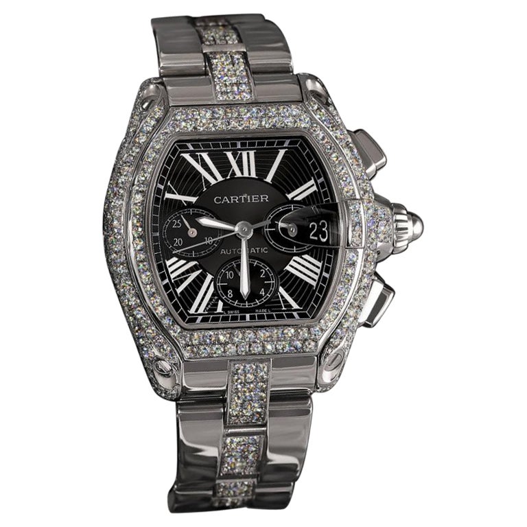 Cartier Roadster XL Chrono Orologio in acciaio inossidabile con diamanti Quadrante nero W62020X6