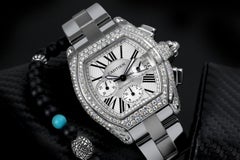 Cartier Roadster XL Chrono Stainless Steel Diamond Watch Silver Dial W62020X6