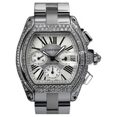 Cartier Roadster XL Chrono Stainless Steel Diamond Watch Silver Dial W62020X6