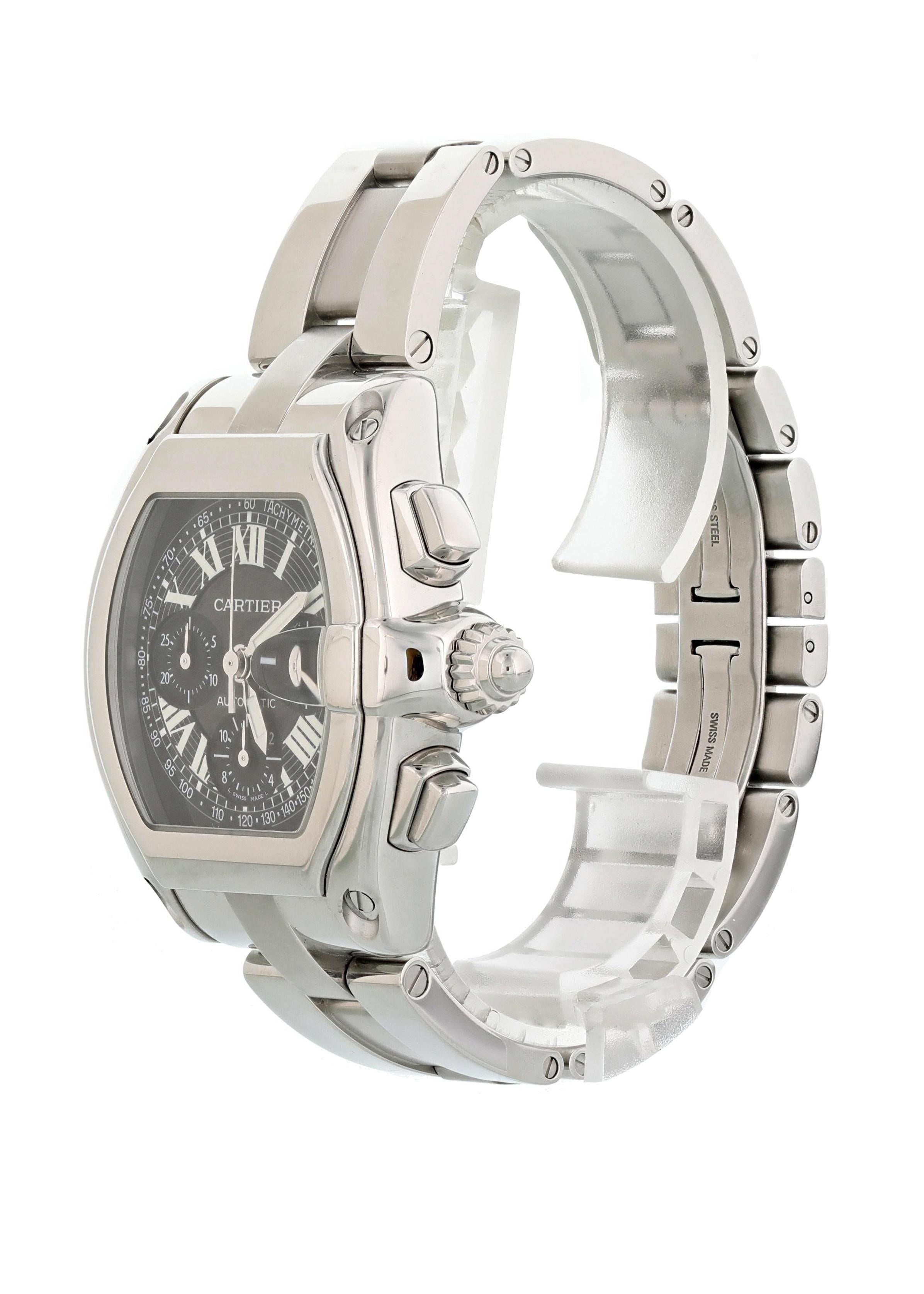 Cartier Roadster XL Chronograph 2618 Mens Watch. Stainless steel 42mm case with a smooth bezel. Black dial with luminous hands and white Roman numeral hour markers. Magnified date display at the 3 o'clock position. Tachymetre indicator markers on