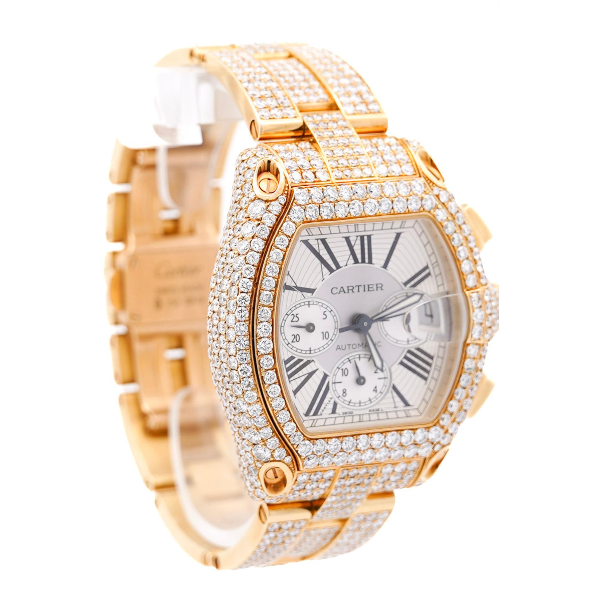 Cartier Roadster XL Chronograph 2619 in 18K Gold Full Diamond Watch For Sale 4