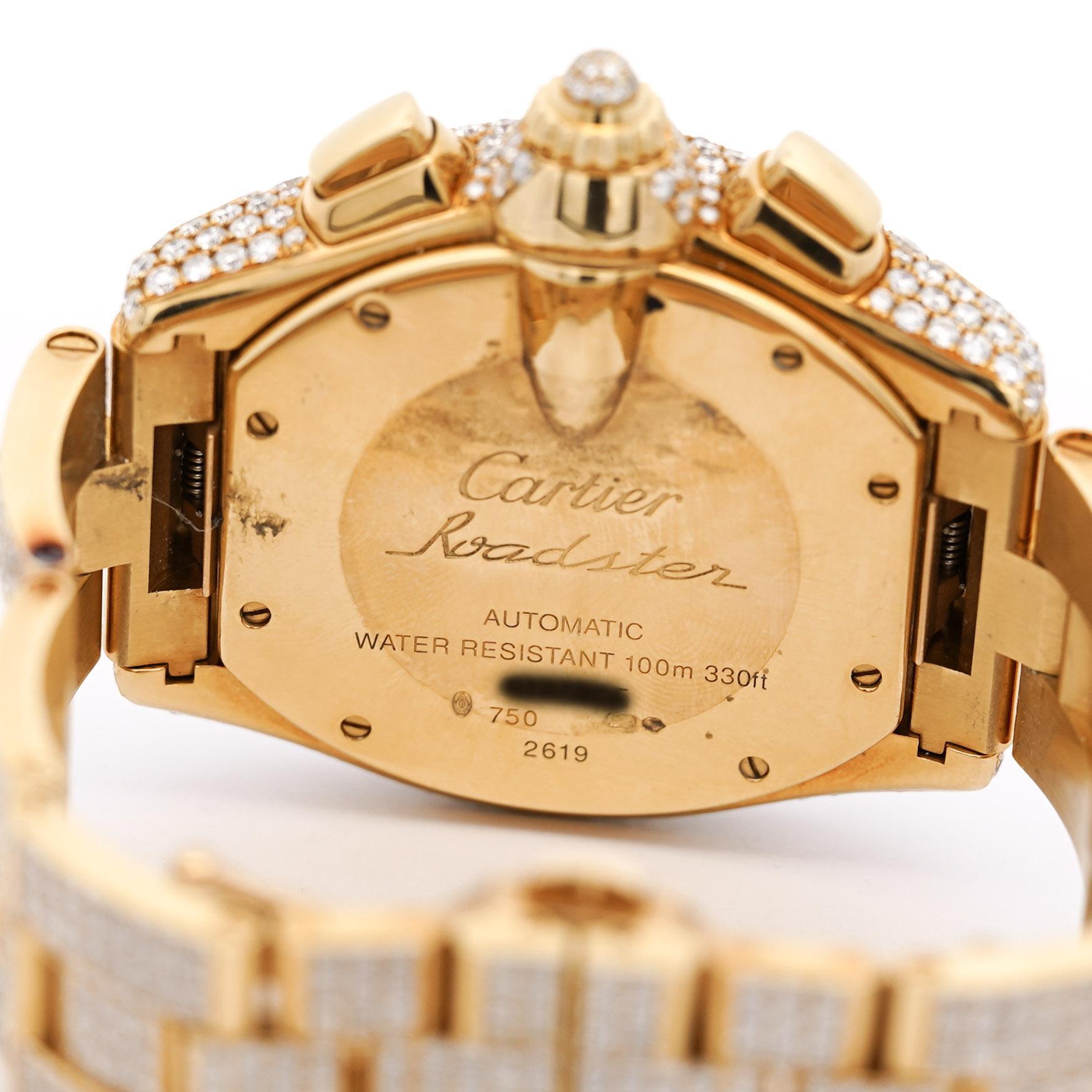 Cartier Roadster XL Chronograph 2619 in 18K Gold Full Diamond Watch For Sale 5
