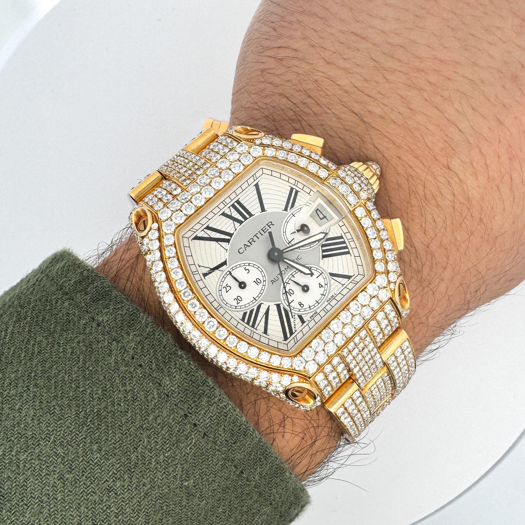 Cartier Roadster XL Chronograph 2619 in 18K Gold Full Diamond Watch For Sale 6