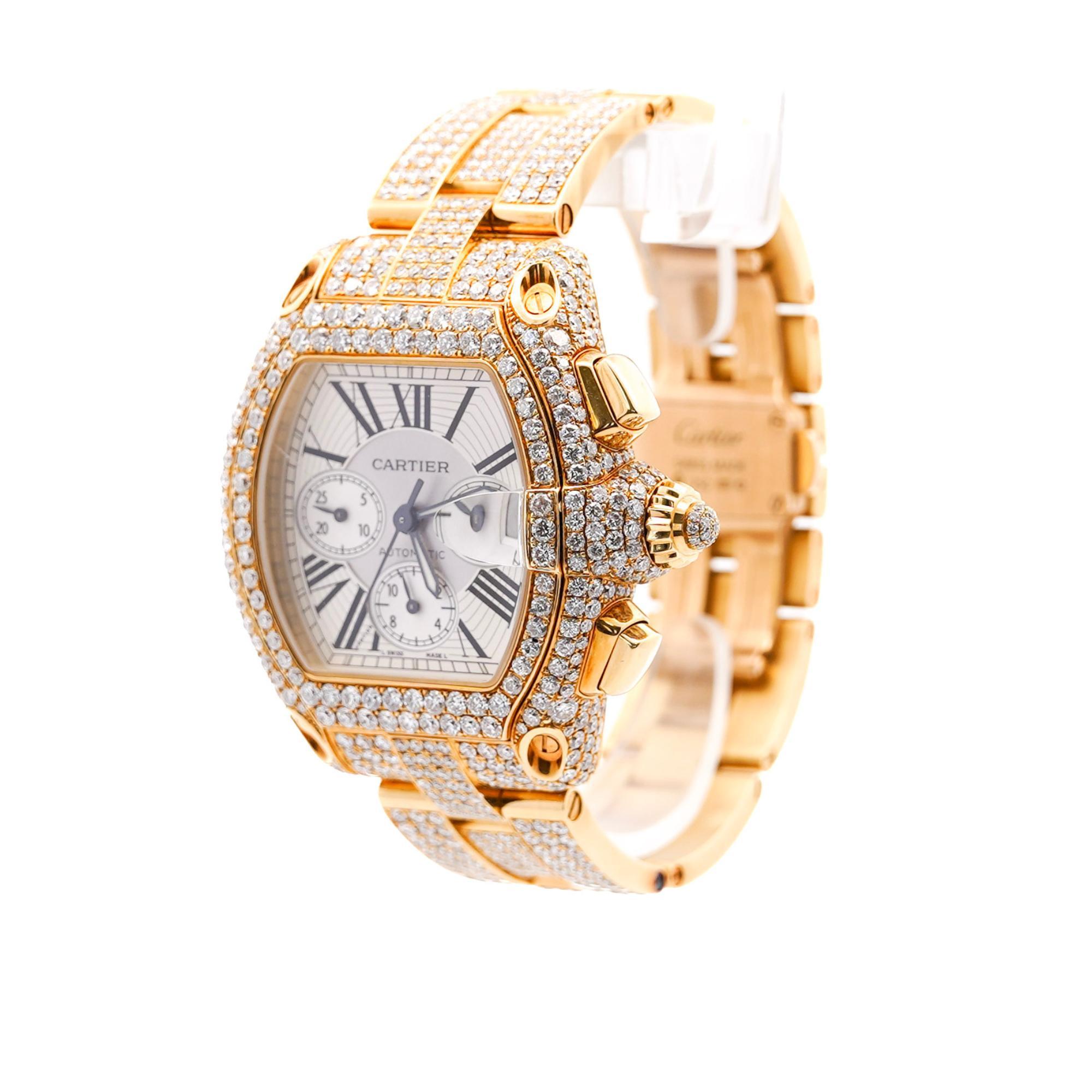 Cartier Roadster XL Chronograph 2619 in 18K Gold Full Diamond Watch For Sale 8