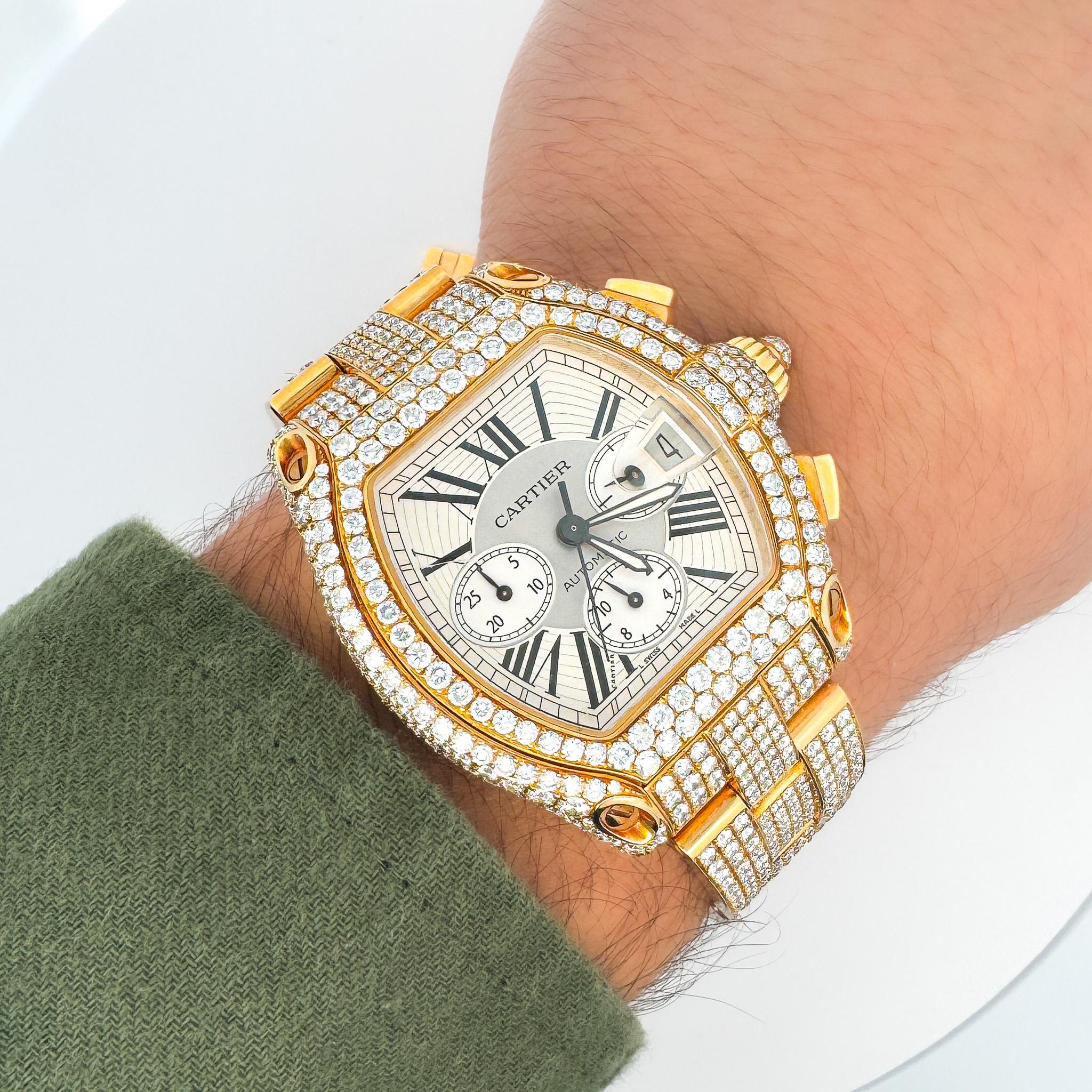 This Cartier Roadster XL Chronograph 2619 is entirely set with over 25 carats of natural diamonds, precisely set to accentuate the bold curves of Cartier’s signature Roadster design. Complete with its original box and papers.

For the fans of the