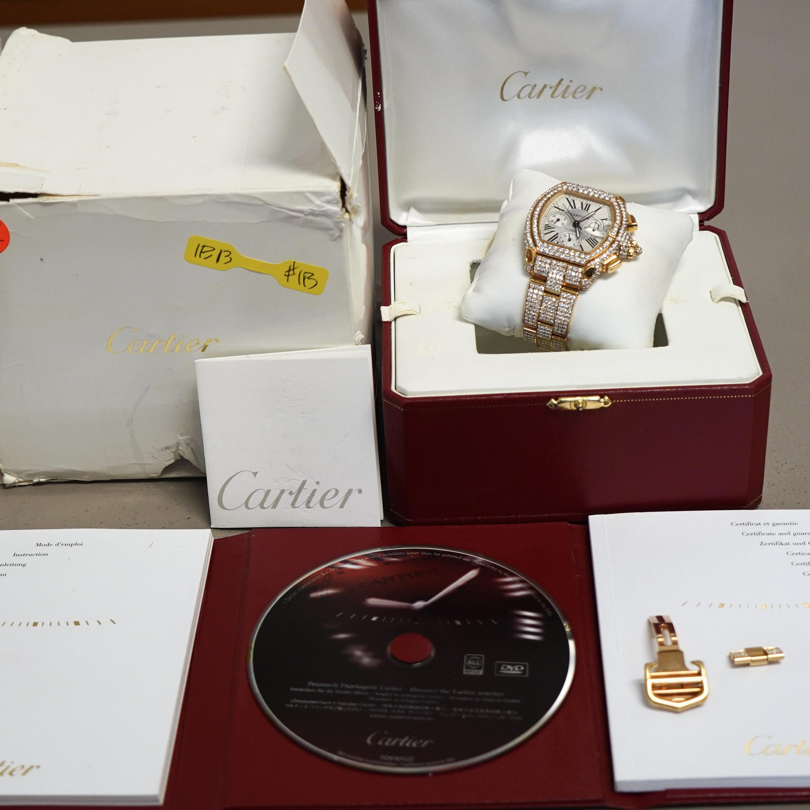 Art Deco Cartier Roadster XL Chronograph 2619 in 18K Gold Full Diamond Watch For Sale