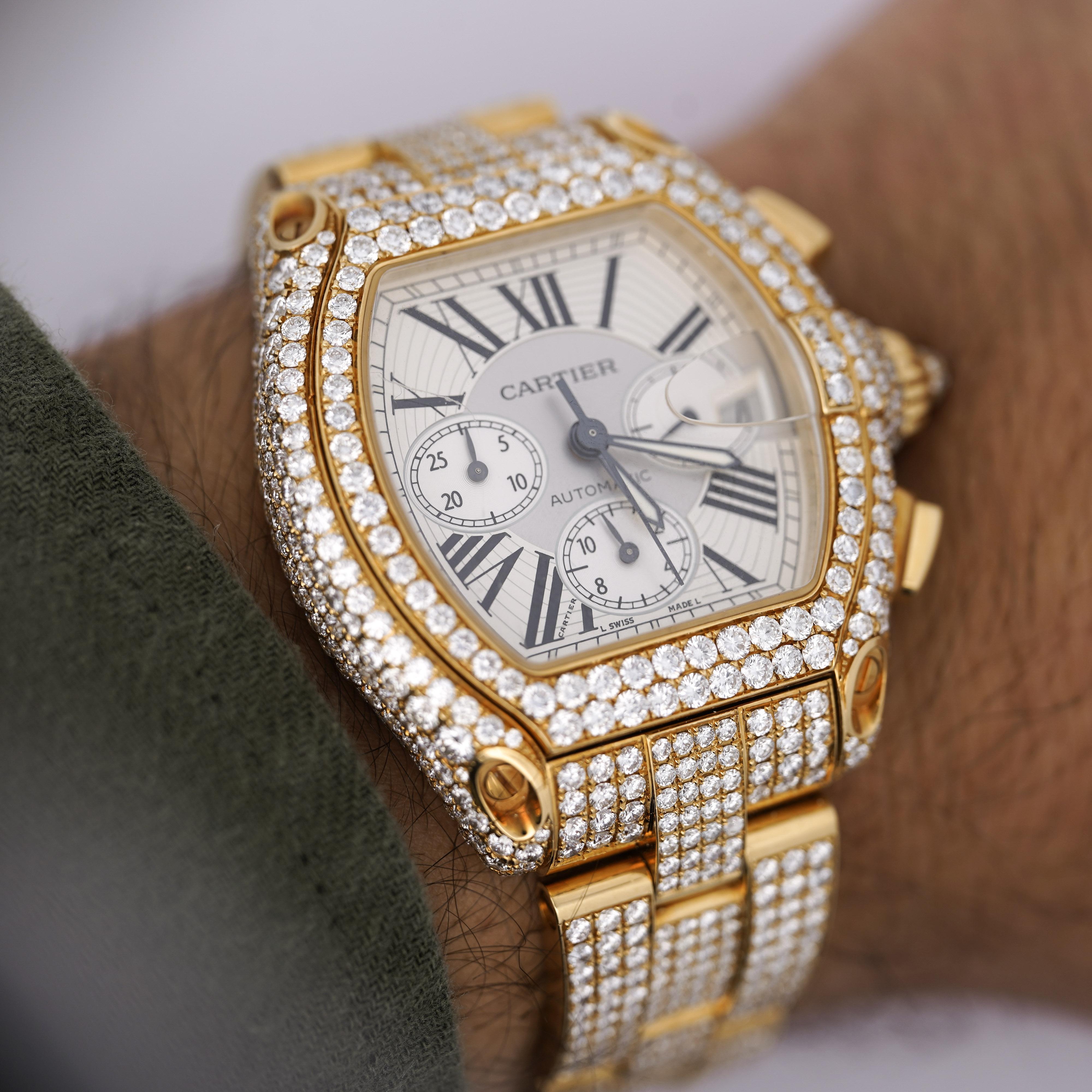 Round Cut Cartier Roadster XL Chronograph 2619 in 18K Gold Full Diamond Watch For Sale