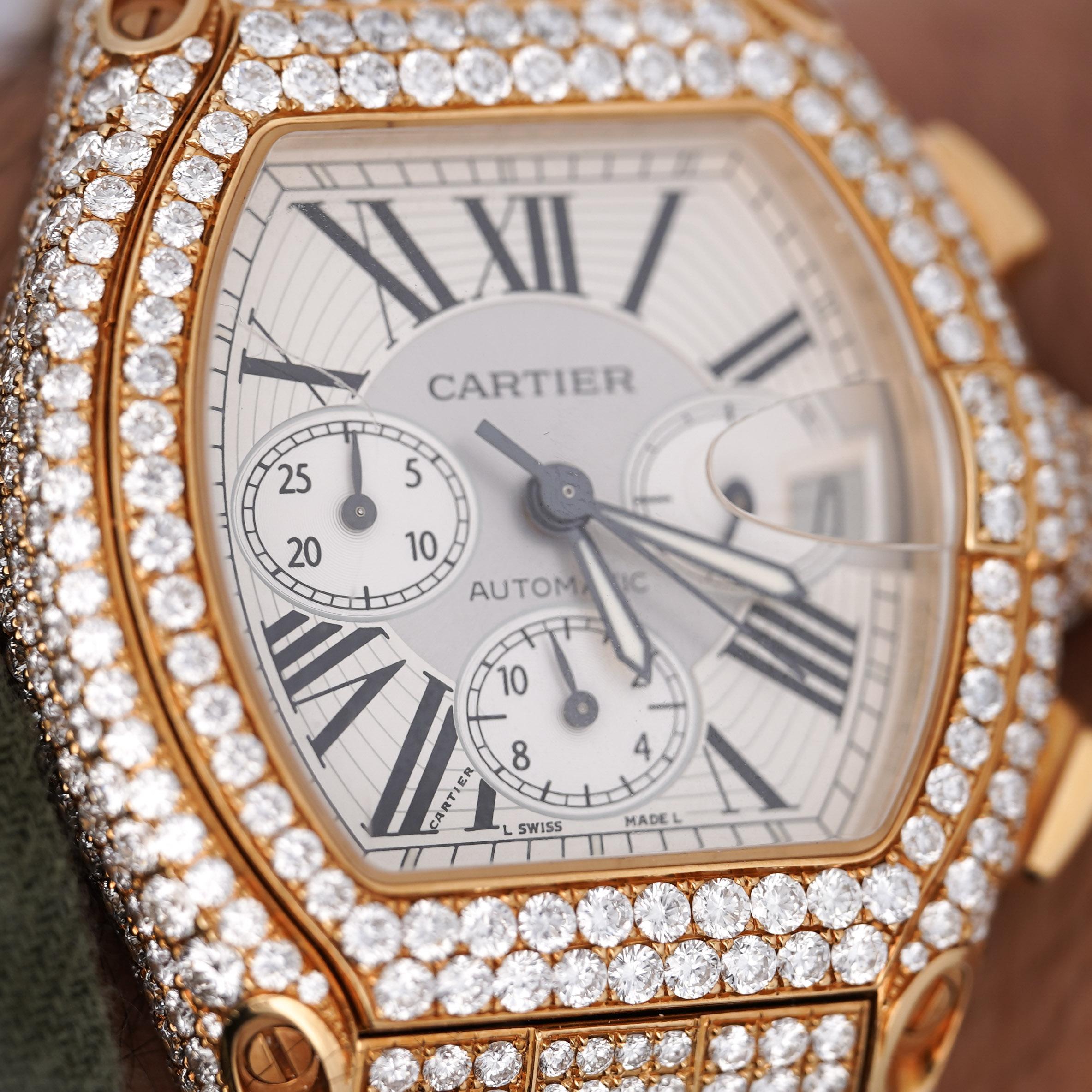 Women's or Men's Cartier Roadster XL Chronograph 2619 in 18K Gold Full Diamond Watch For Sale