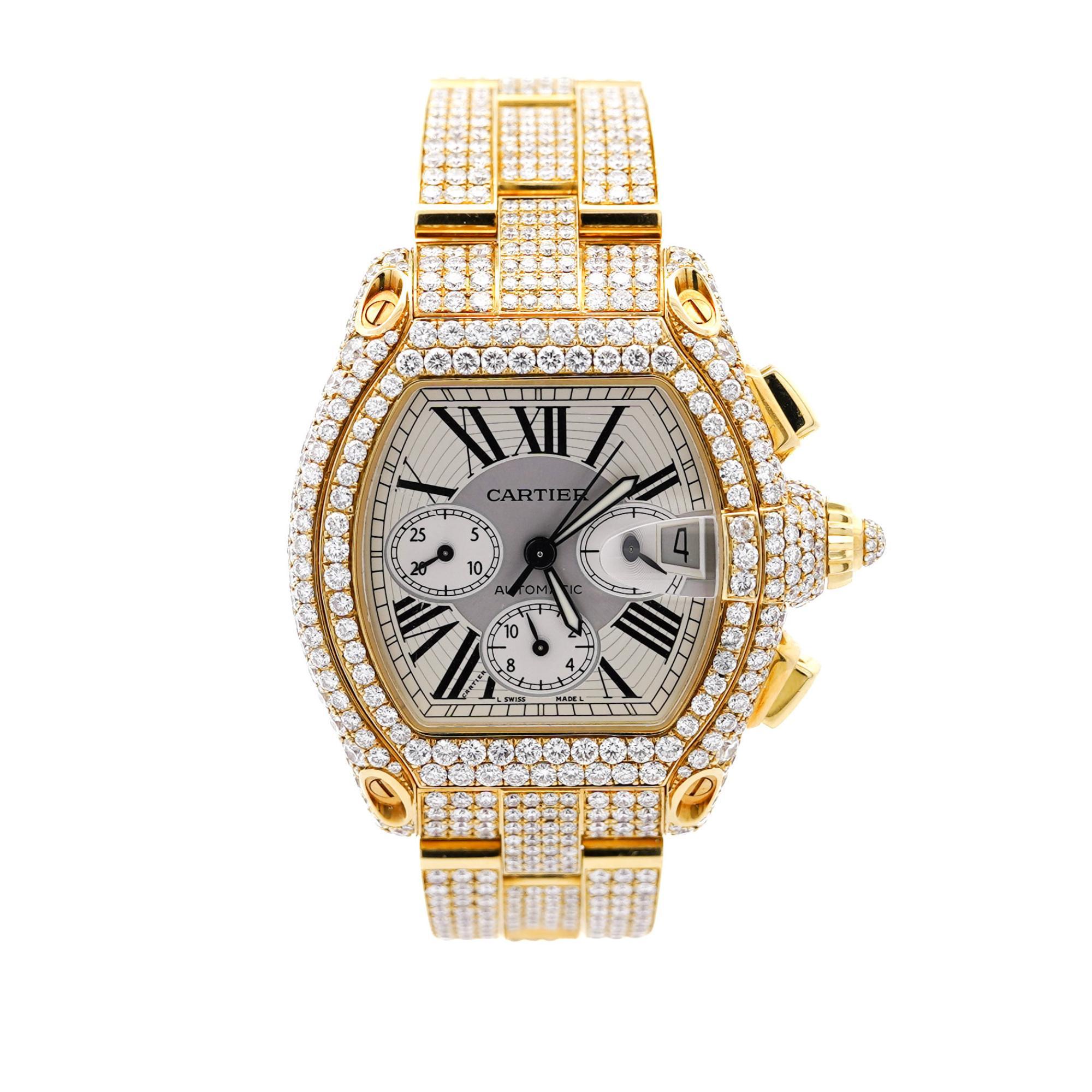 Cartier Roadster XL Chronograph 2619 in 18K Gold Full Diamond Watch For Sale 2