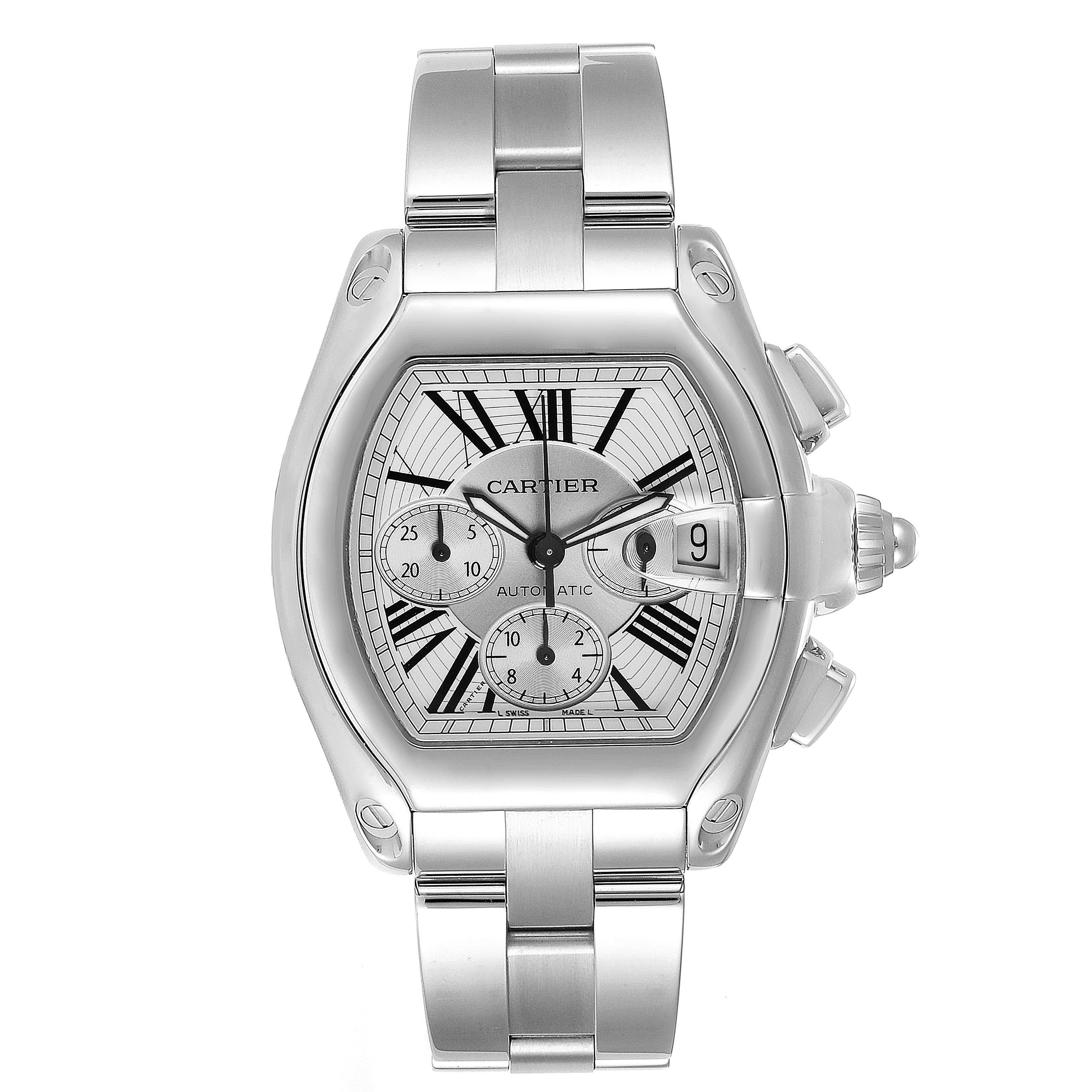 Cartier Roadster XL Chronograph Automatic Mens Watch W62019X6 Box. Automatic self-winding movement with chronograph function. Stainless steel tonneau shaped case 49 x 43mm. . Scratch resistant sapphire crystal with cyclops magnifying glass. Silver