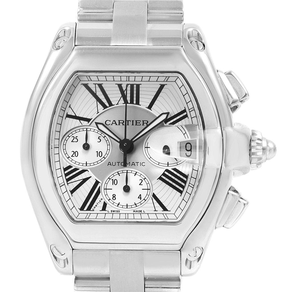 Cartier Roadster XL Chronograph Automatic Mens Watch W62019X6. Automatic self-winding movement with chronograph function. Stainless steel tonneau shaped case 49 x 43mm. Scratch resistant sapphire crystal with cyclops magnifying glass. Silver sunray