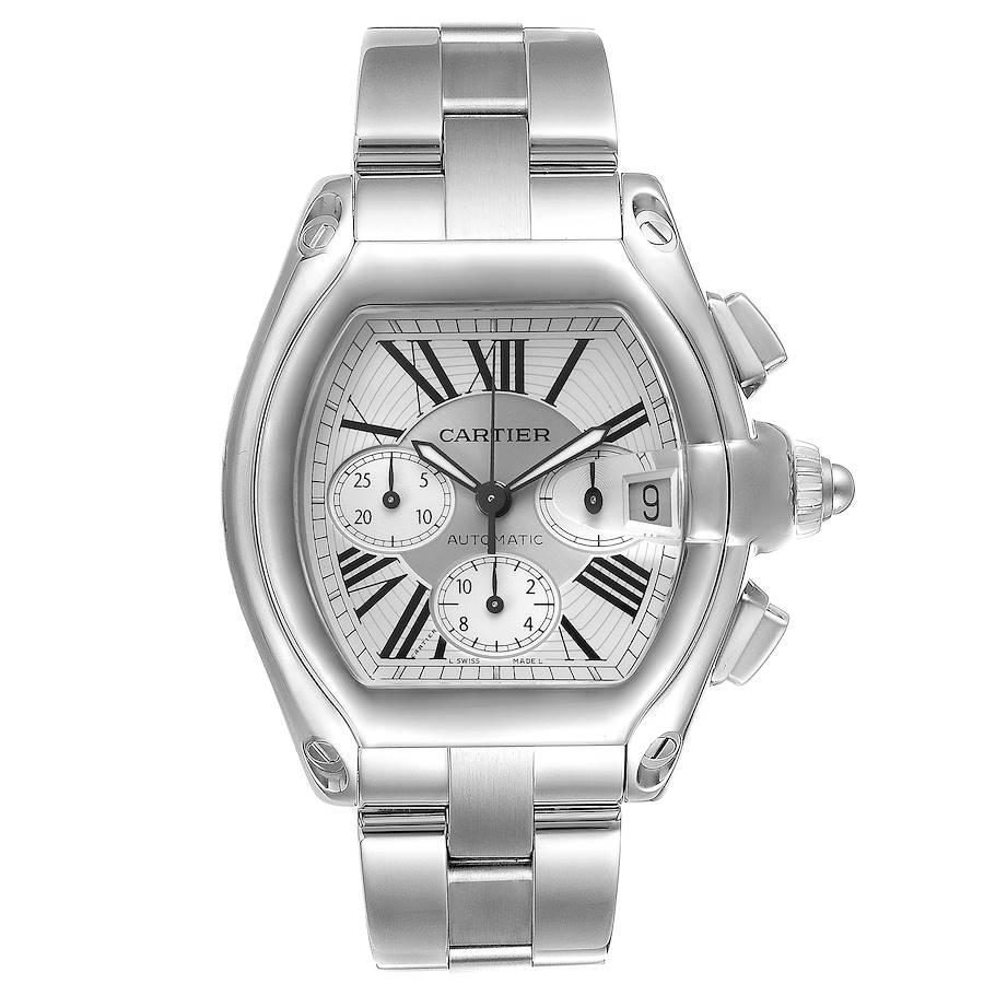 Cartier Roadster XL Chronograph Automatic Mens Watch W62019X6. Automatic self-winding movement with chronograph function. Stainless steel tonneau shaped case 49 x 43mm. . Scratch resistant sapphire crystal with cyclops magnifying glass. Silver