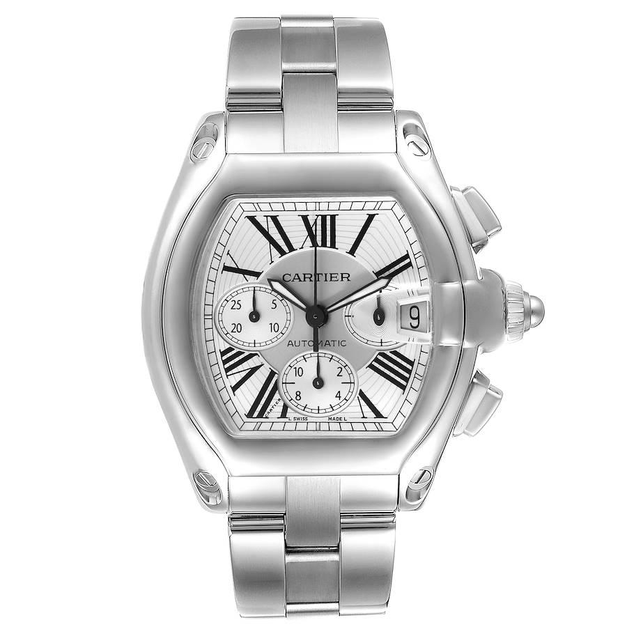 Cartier Roadster XL Chronograph Automatic Steel Mens Watch W62019X6. Automatic self-winding movement with chronograph function. Stainless steel tonneau shaped case 49 x 43mm. . Scratch resistant sapphire crystal with cyclops magnifying glass. Silver